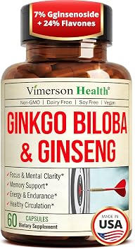 Asian Ginseng & Ginkgo Biloba Supplements w/ Potent Extracts 60 Capsules