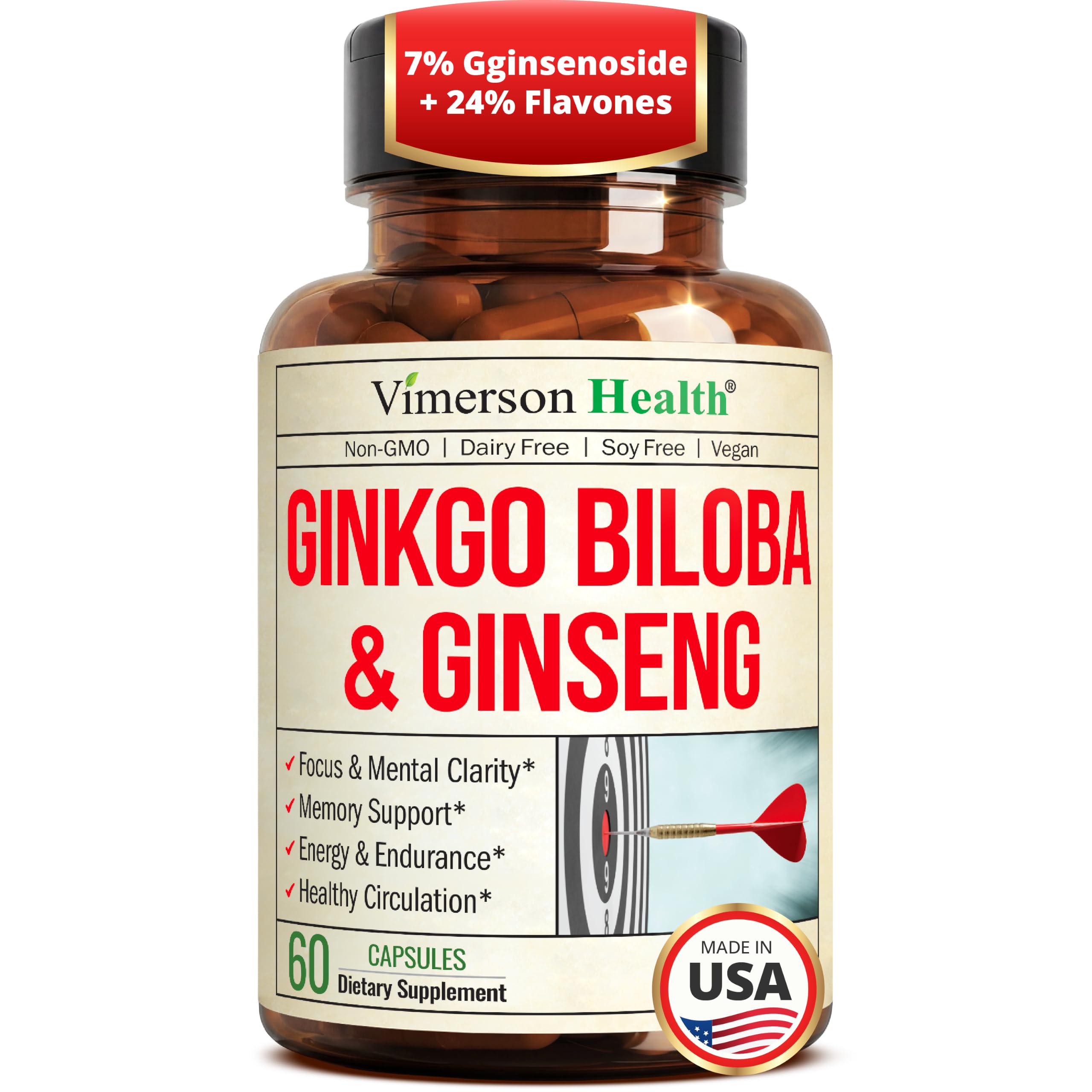 Asian Ginseng & Ginkgo Biloba Supplements w/ Potent Extracts – 60 Capsules