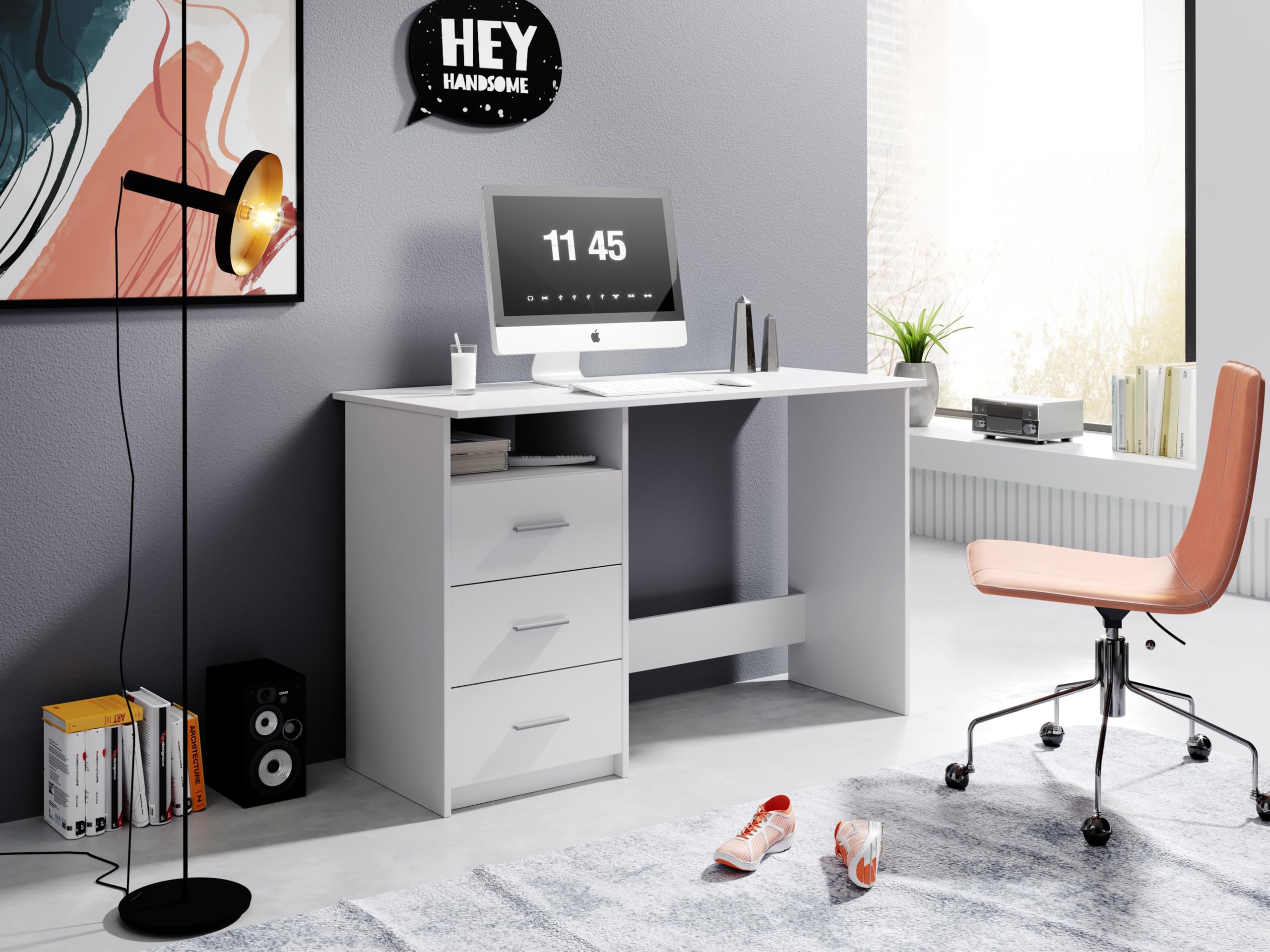 Scrivania con Cassetti 120 cm Bianca 123x50x77 cm | 3 cassetti integrati, ampio piano di lavoro, design moderno, per ufficio, studio e cameretta