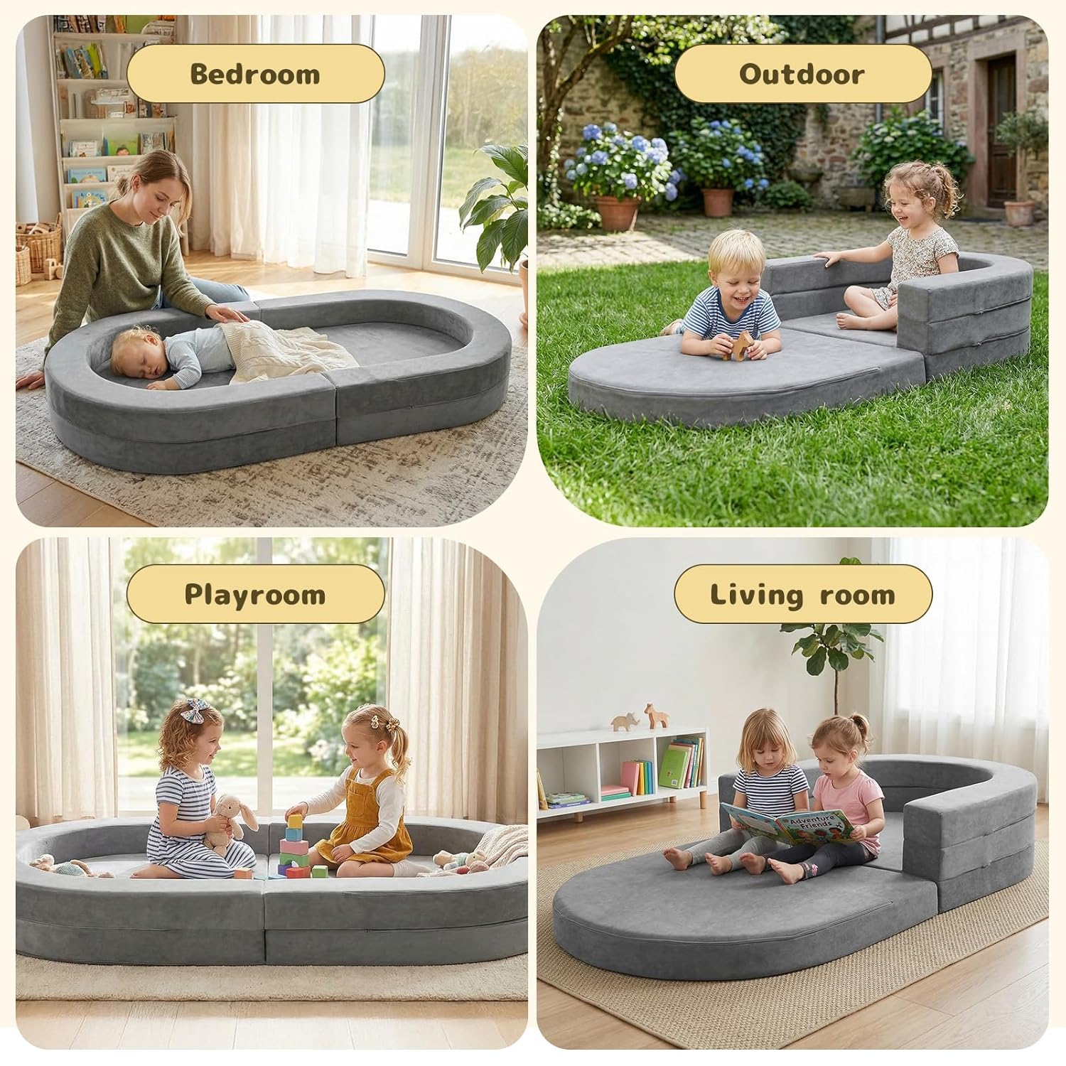 60” Travel Toddler Bed,Portable Foldable Toddler Chair,3-in-1 Soft Foam Floor Bed Lounge,Oversized Kids Travel Bed No Assembly,Grey