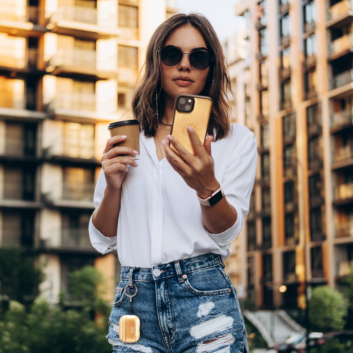 Dreem Bundle: Fibonacci Wallet-Case for iPhone 13 Pro Max with Om for Apple AirPods Pro 2 Case [Gold]