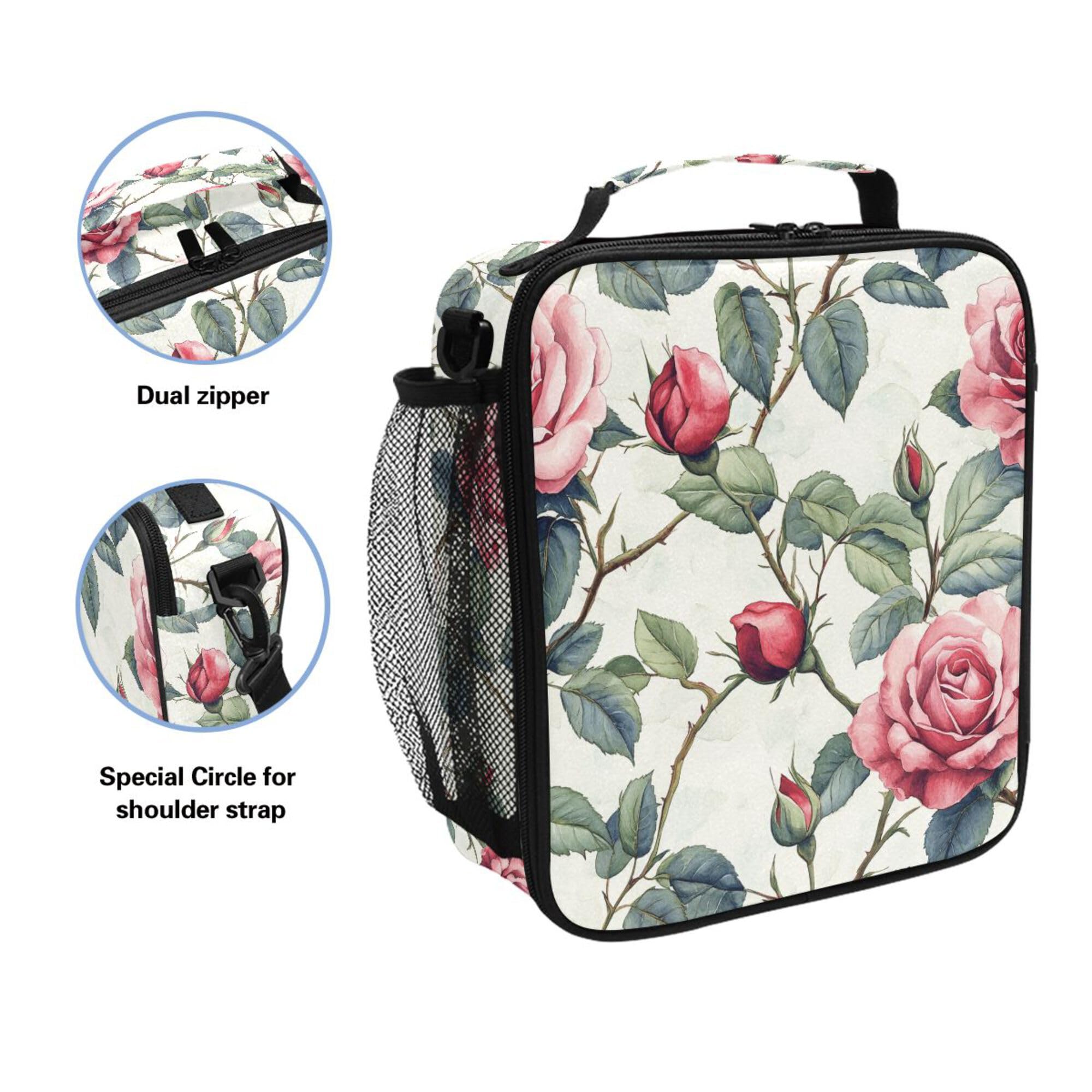 Spring Flowers Beauty Rose Insulated Lunch Box for Girls with Water Bottle Holder Girl Insulated Bag for School Kindergarten
