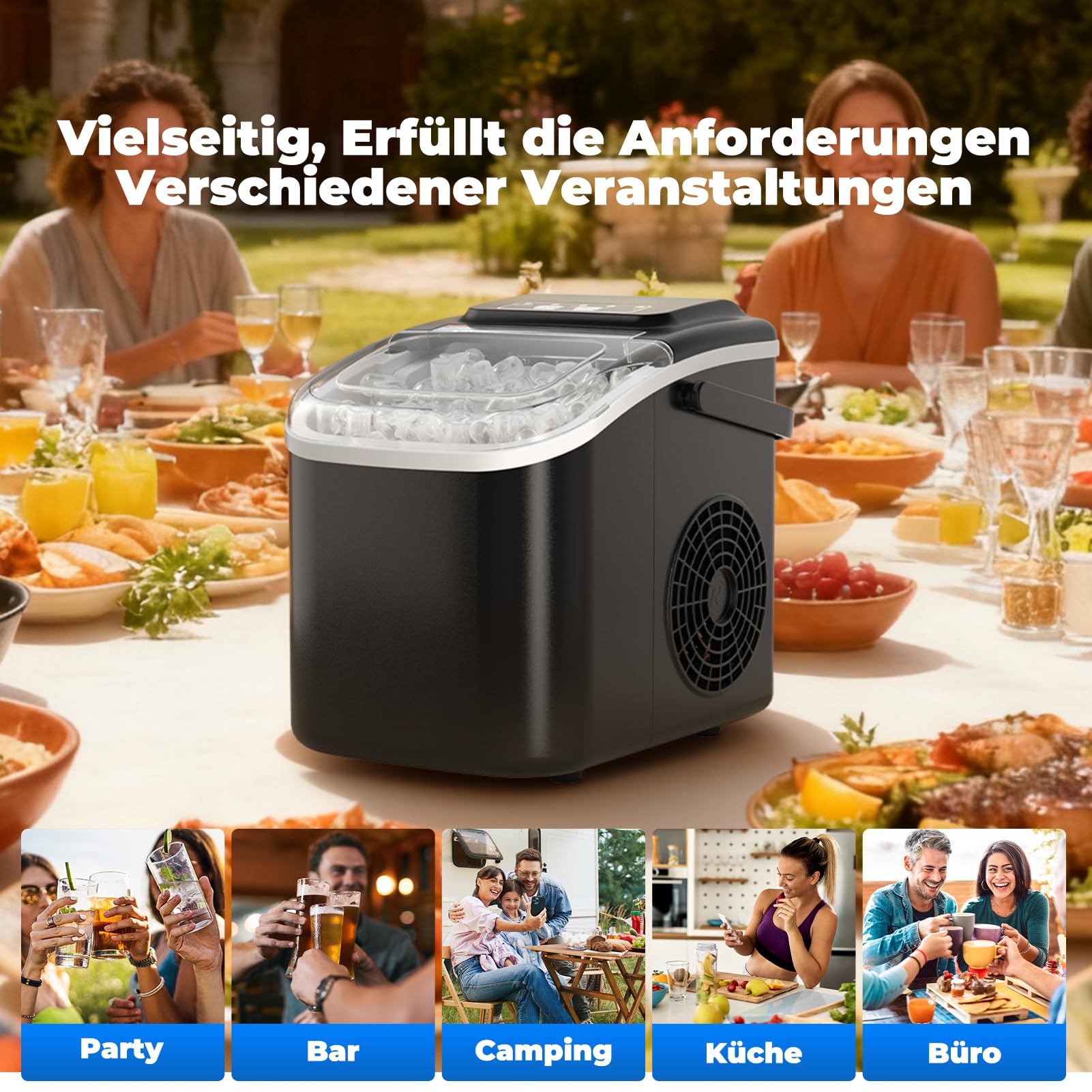 Eiswürfelmaschine 12KG/24H, Selbstreinigend Eiswürfelmaschine Klein, Ice Maker mit Griff-Eiswürfelkorb/Schaufel, 8 Eiswürfel in 6-8 Minuten, für Küche/Büro/Party/Büro RV, Schwarz