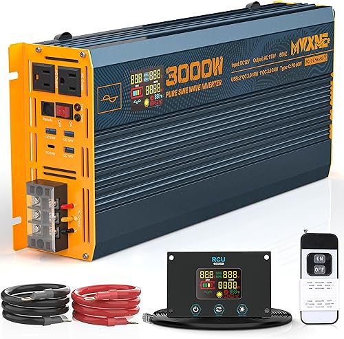 Inversor de corriente de onda sinusoidal pura de 3000 W CC 12 V a 110 V 120 V con carga rápida tipo C y 3 puertos USB, pantalla LCD, control remoto,