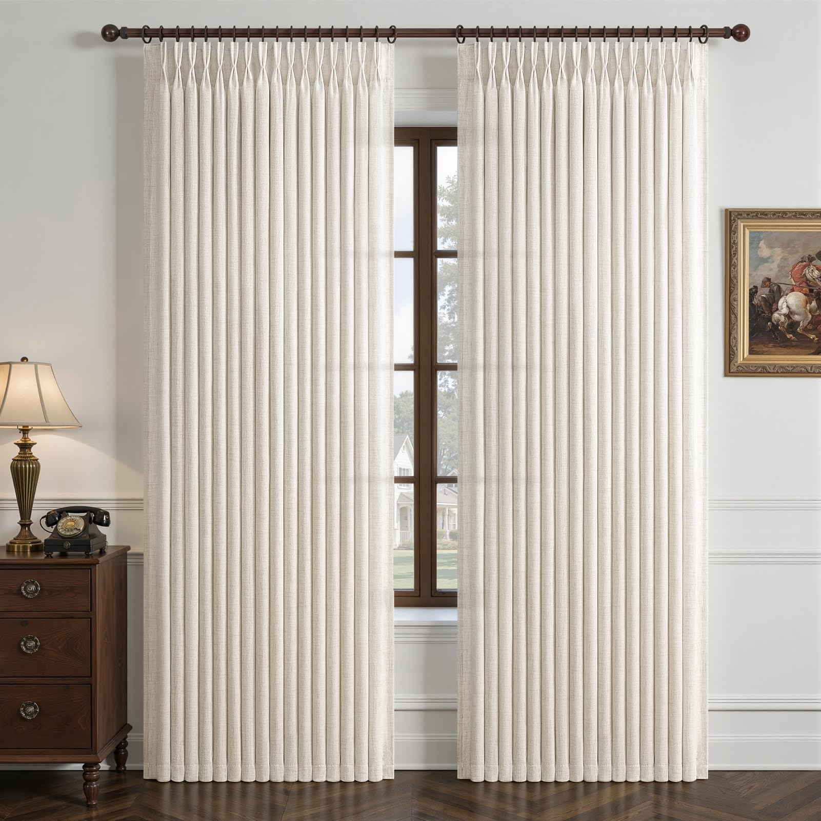Photo 1 of Pinch Pleated Linen 50 Inch Wide Curtains 96 Inches Long for Living Room, Memory Trained Pleat Boho Semi Sheer Birch Light Filtering Privacy Drapes 50x96 Inch Length 2 Panels Set Curtain Cream Ivory