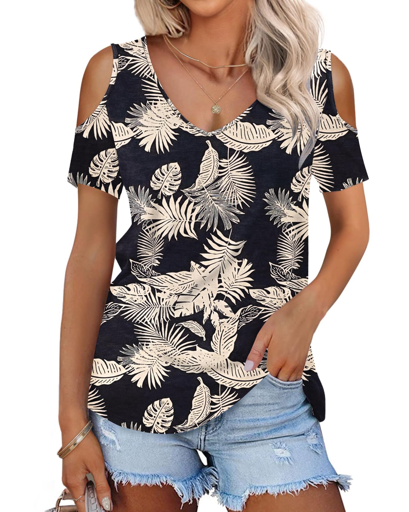 WNEEDU Womens Summer Tops Ladies V Neck T Shirts Casual Cold Shoulder Short Sleeve Shirts Loose 2025 Trendy Clothing