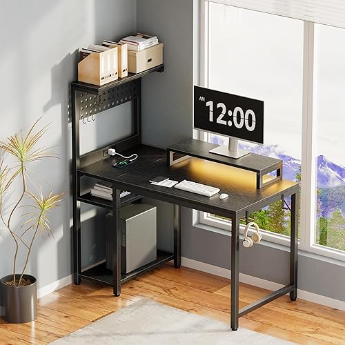 Miniatura 9 de Escritorio pequeño para juegos de 40 pulgadas con estantes de tablero de clavijas, escritorios para computadora con luces LED, tomas de corriente,