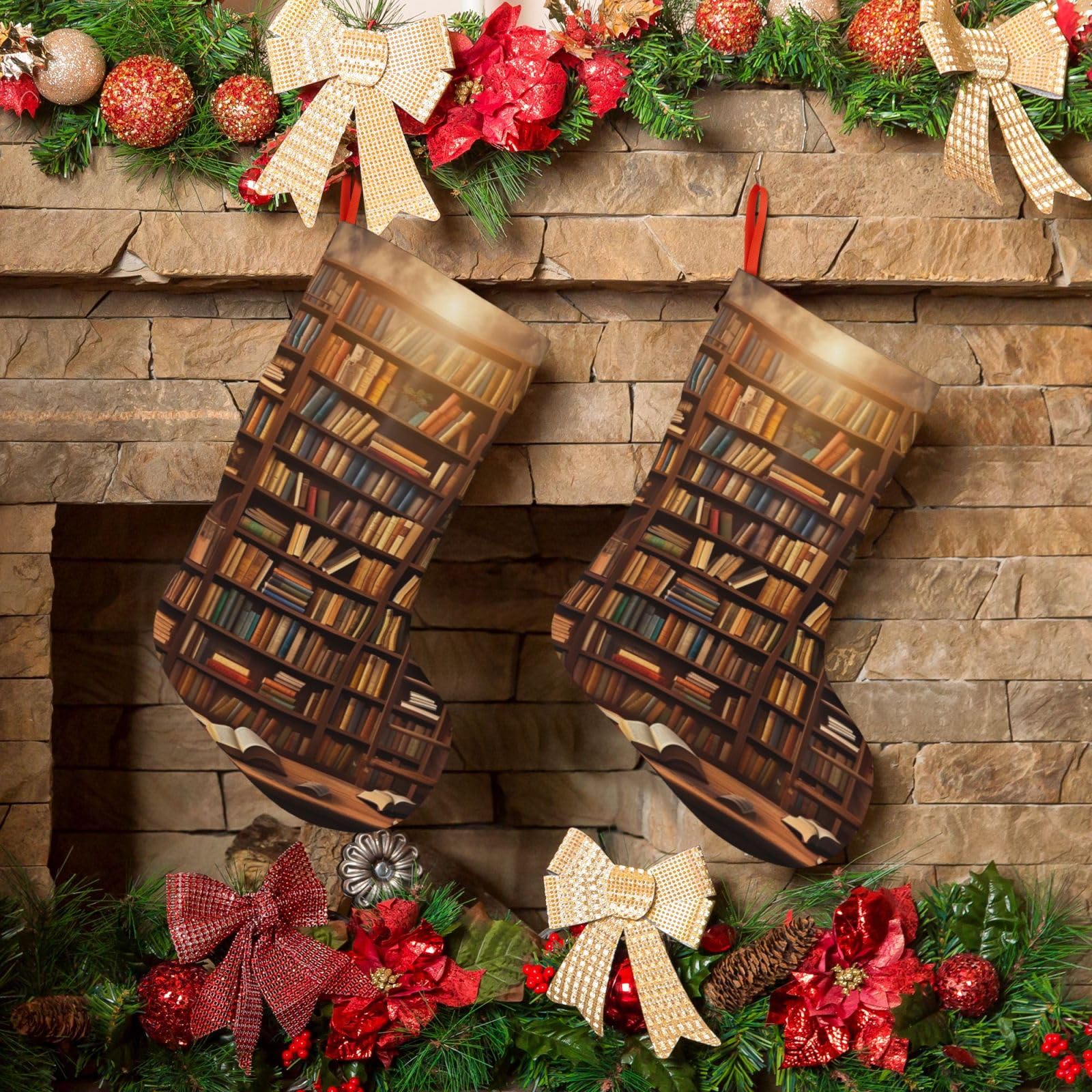 Books Christmas Stockings 18 Inches Velvet Xmas Fireplace Hanging Stocking Rustic Christmas Santa Stockings for Home Christmas Decorations Party Favor Supplies