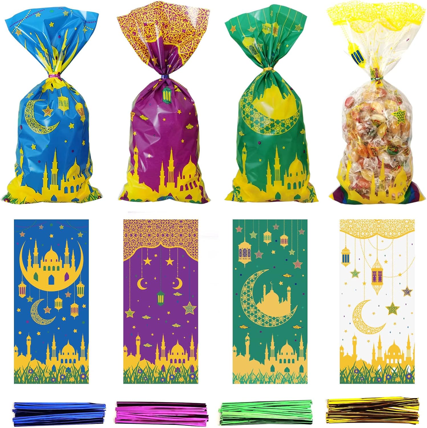 DoneJPee Ramadan Goodie Bags, 100 Pcs, 4 Designs, Polypropylene, for Eid Mubarak Decoration, Muslim Party Favor Supplies