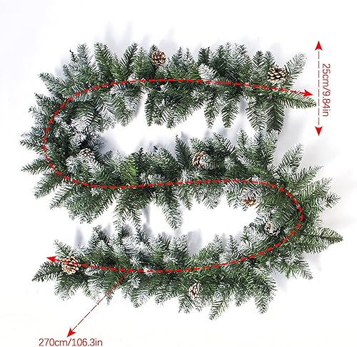 Miniatura 6 de Guirnalda de Navidad artificial de ratán de 8.8 pies decorada con piñas y ramas de escarcha, plantas de vid de Navidad verde, corona o manto,