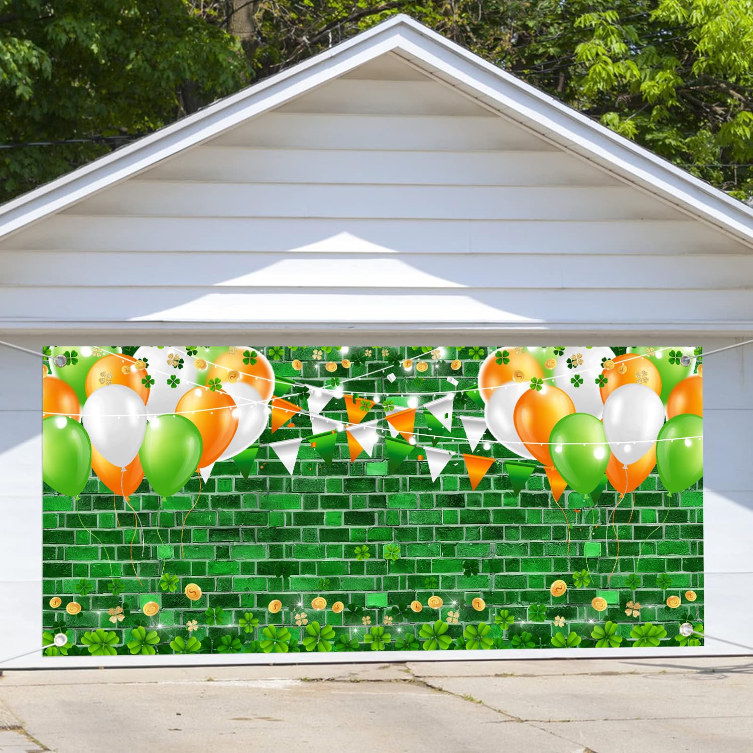 St Patricks Day Garage Door Decoration Cover 8 x 7 ft, Irish Shamrock Green Lucky Clover Birck Wall Garage Door Banner Holiday Indoor Outdoor Wall