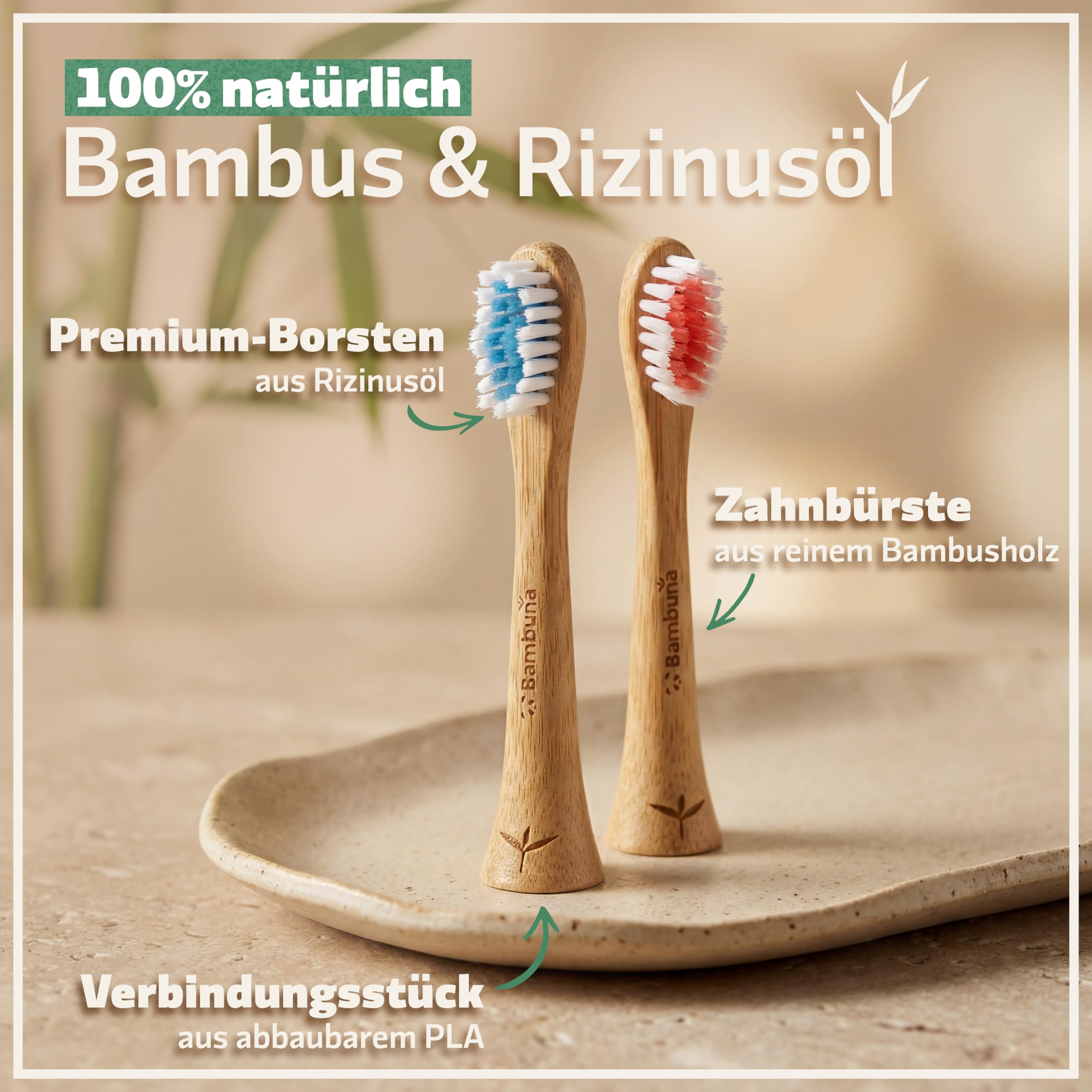 BAMBUNA Ersatzbürsten passend für Philips Sonicare Schallzahnbürste | Bambus Zahnbürstenkopf | Aufsteckbürsten Medium | PLA Verbindungsstück | vegan | BPA-frei | nachhaltig | 6er-Set | blau/rosa