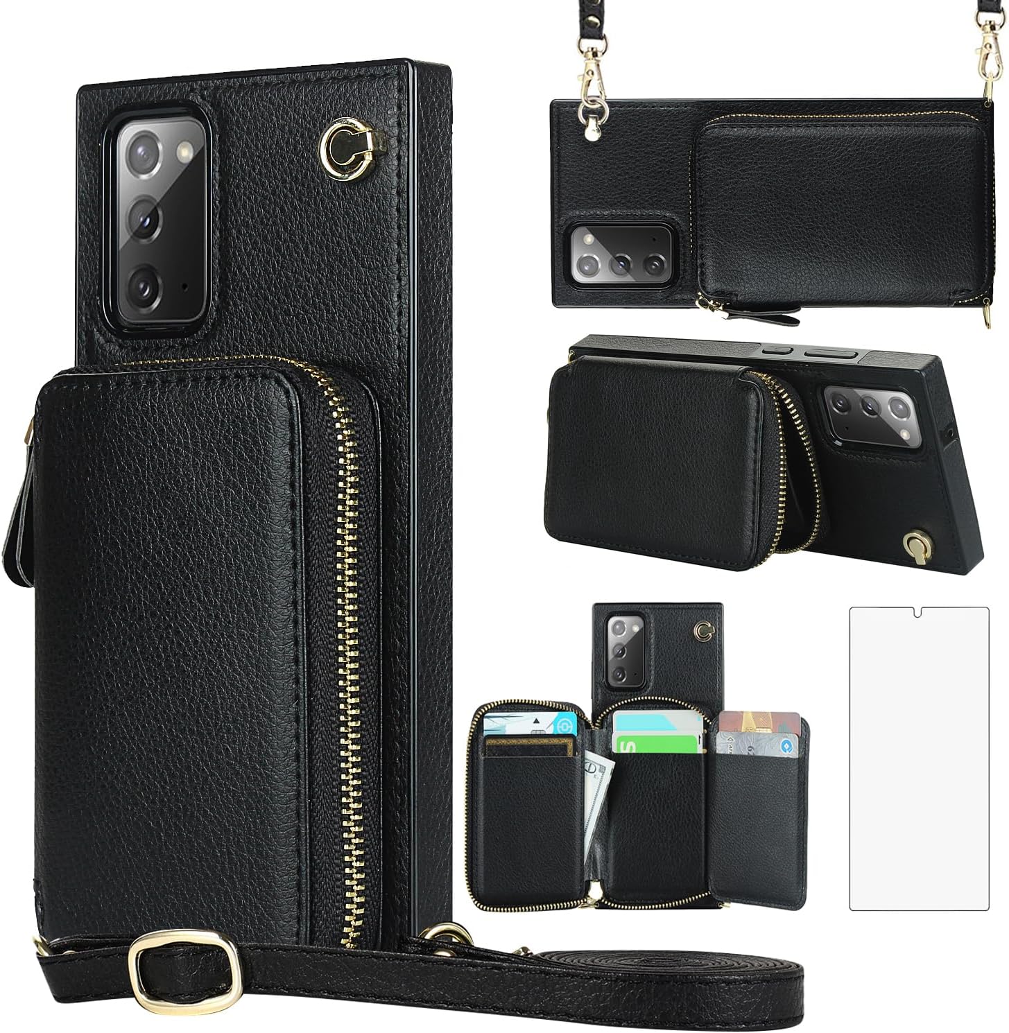 Asuwish Phone Case for Samsung Galaxy Note 20 5G Wallet Cover with Screen Protector and Zipper Card Holder Slot Kickstand Flip Cell Accessories Mobile Note20 Notes 20s Twenty Not Women Men Black