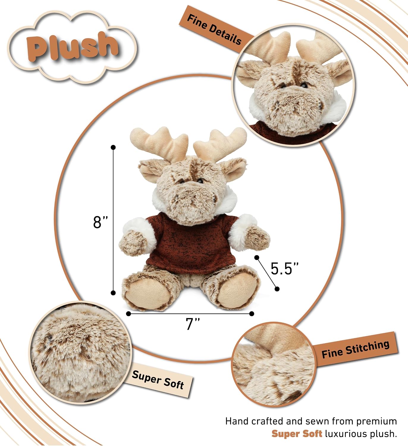 DolliBu Plush Moose Stuffed Animal - Soft Plush Huggable Brown Moose with Hooded Sweater, Adorable Plush Toy, Wild Life Cuddle Gift for Kids & Adults - 9 Inch
