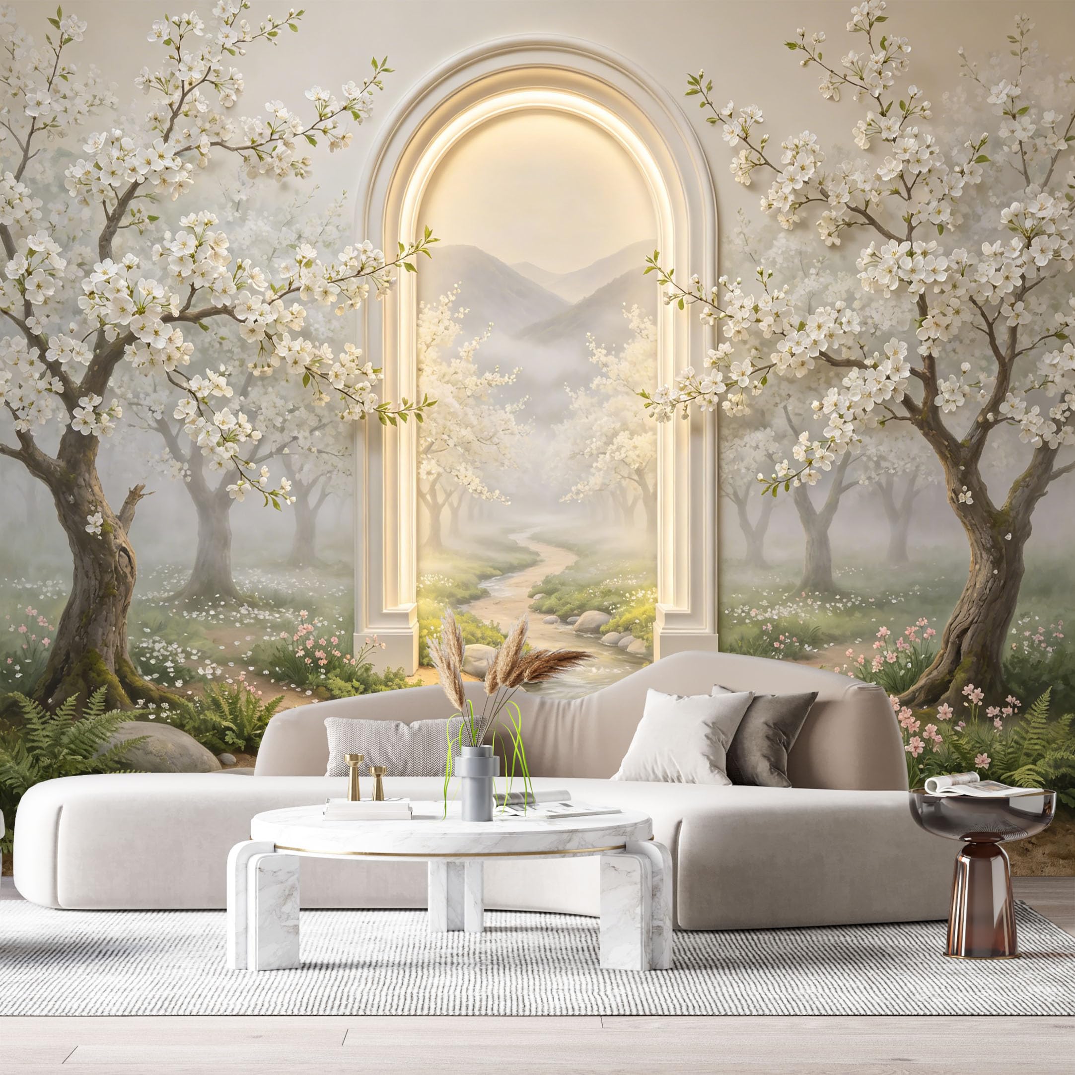 Custom Size Wall Murals Botanical Landscape Archway River 3D Trompe L'Oeil SelfAdhesiveWall Fabric Removable Wallpaper Wall Decor for Living Room Bedroom Bathroom