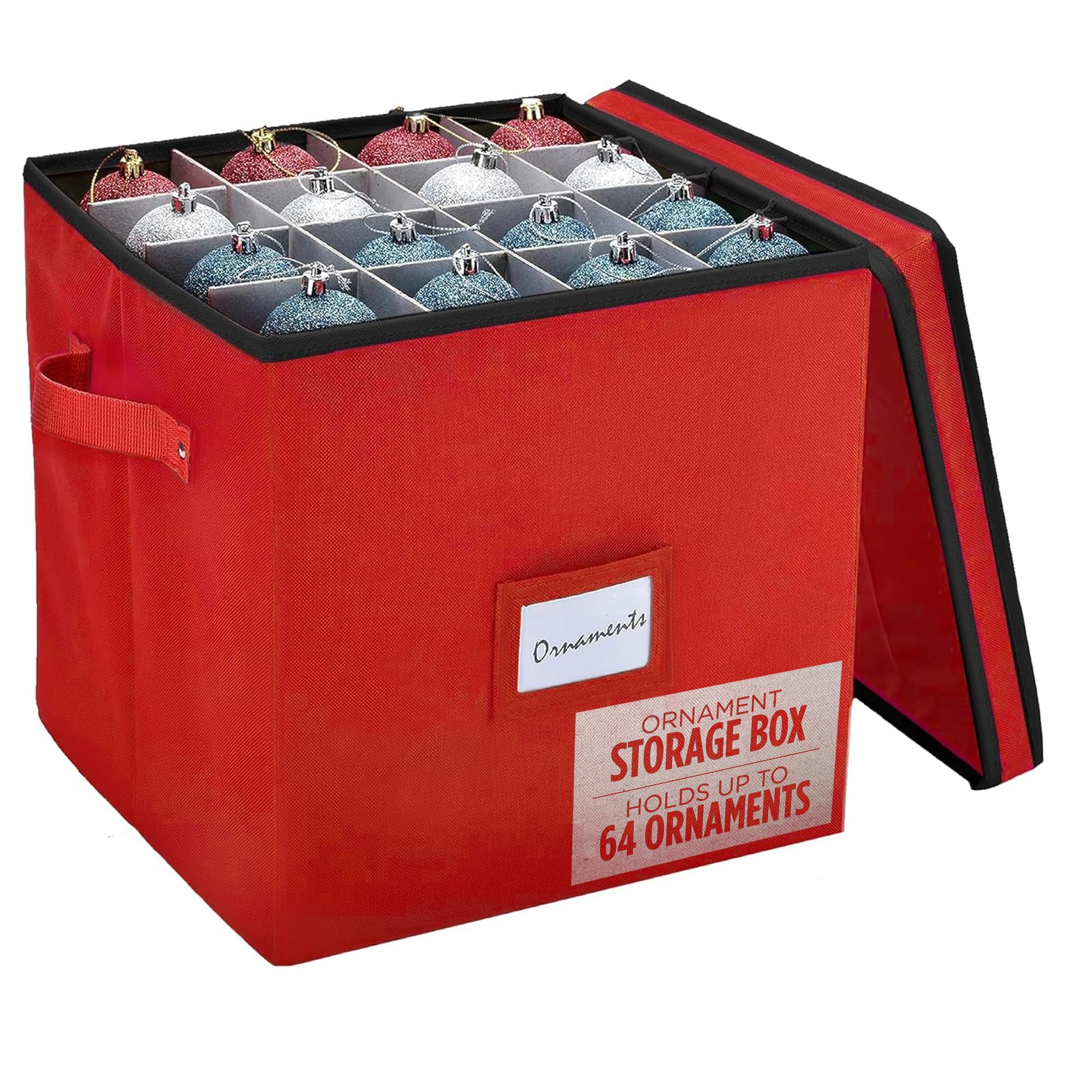Handy Laundry, Christmas Ornament Storage - Stores up to 64 Holiday Ornaments, Adjustable Dividers, Covered Top, Two Handles. Storage Box Keeps Holiday Decorations Clean & Dry for Next Season. (Red)