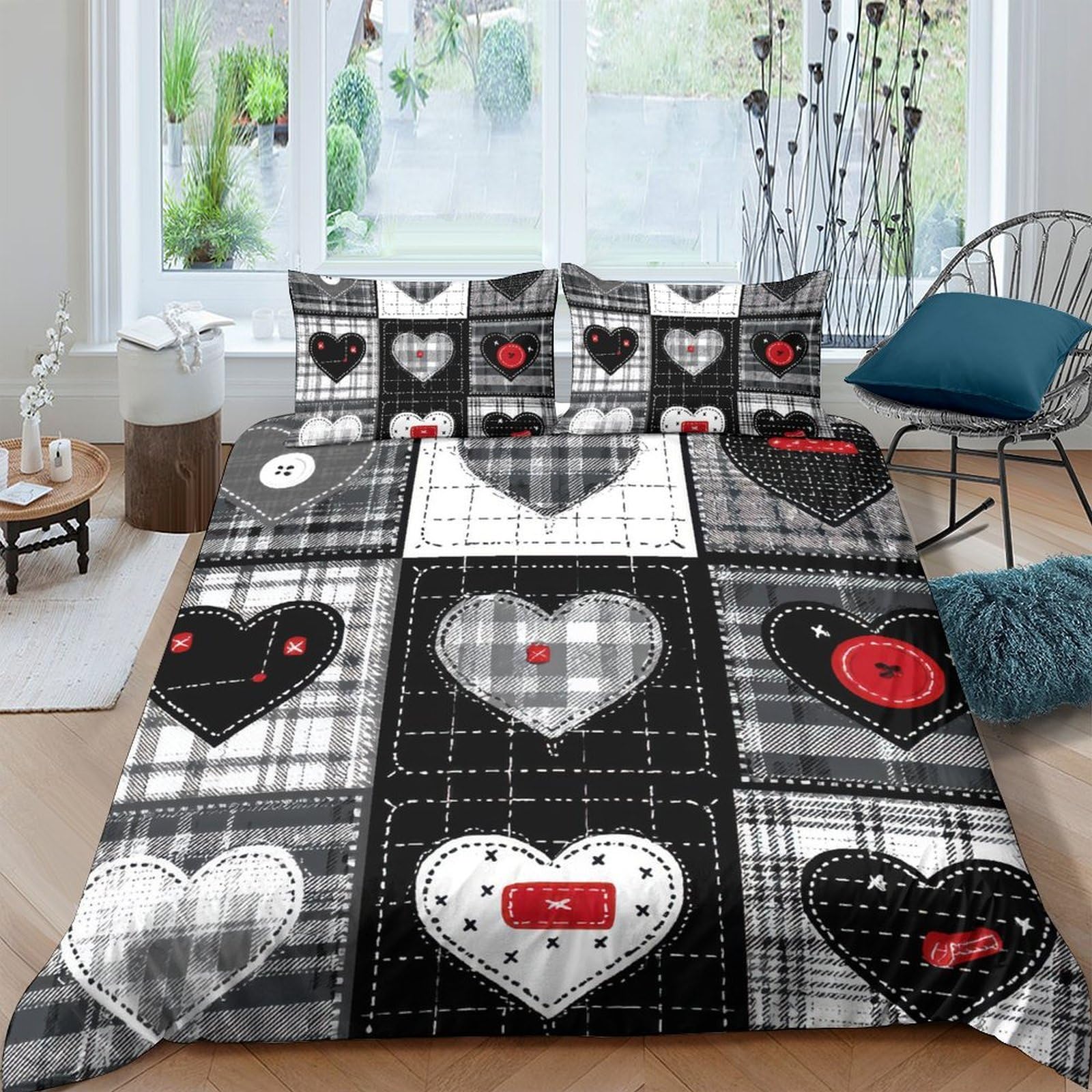 GPLZQXKJNH 3D Printed Plaid Heart Duvet Cover Microfiber Soft Breathable Patchwork Bedding Set with 2 Pillowcases for Bedroom Decor Single（135x200cm）