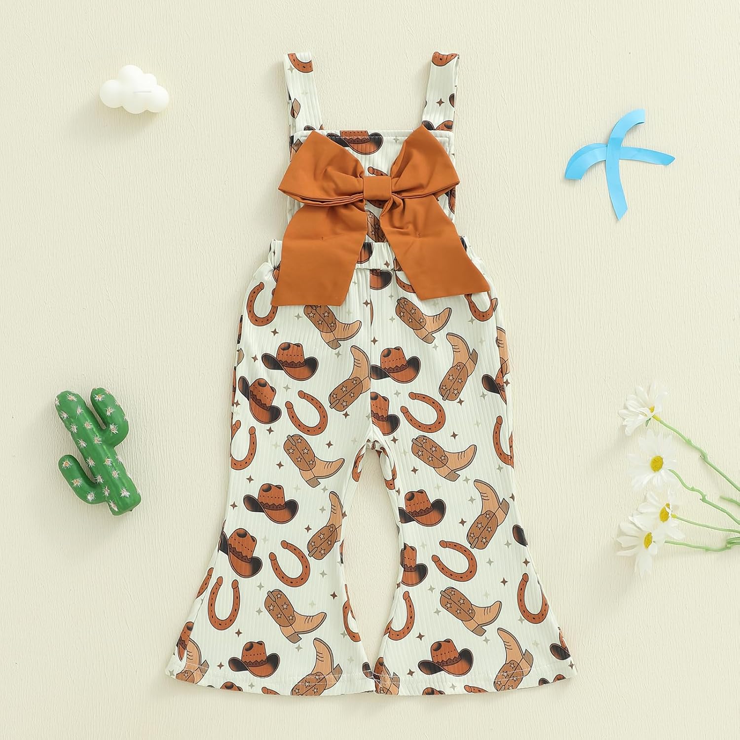 Toddler Western Baby Girl Clothes Cowgirl Overalls Rib Sleeveless Romper Bow Onesie Bell Bottom Jumpsuit Cute Outfit - Image 3