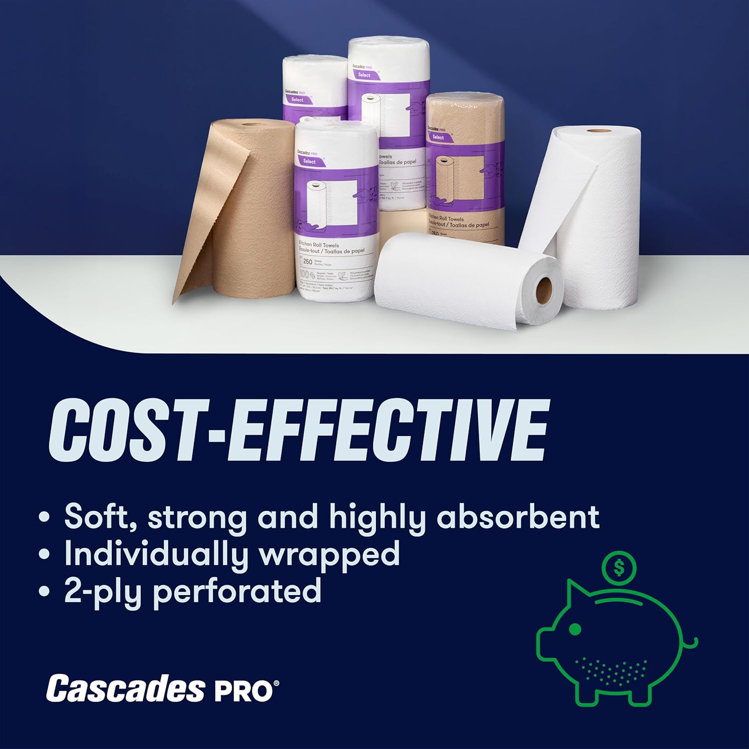 Cascades PRO Select Kitchen Roll Towel - Strong and Absorbent 2-Ply Paper Towels for Kitchens, Breakrooms, Schools, Offices - Recycled, Compostable - 250 Sheets/Roll, 12 Rolls/Box -K250 - White