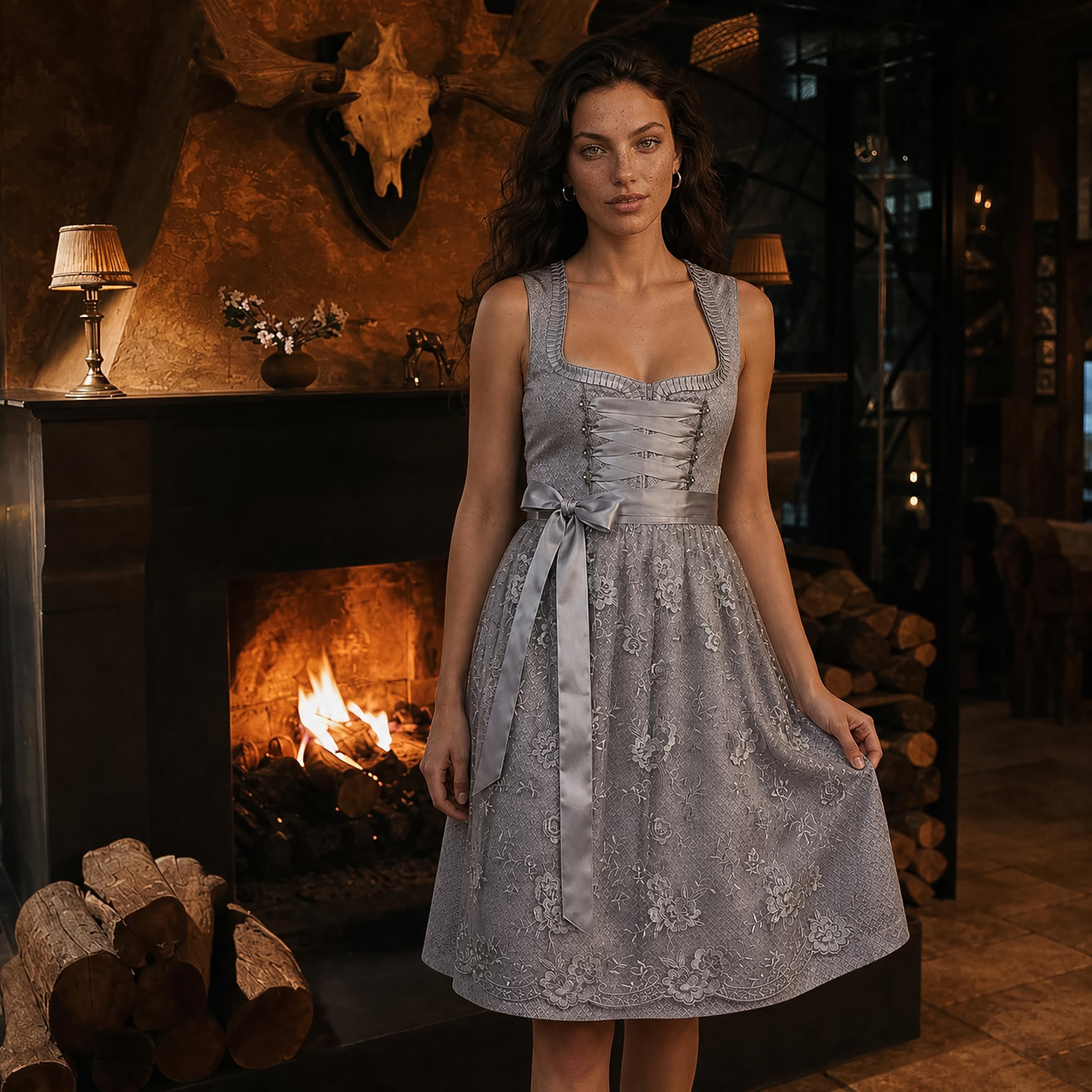 Alte Liebe Dirndl – Damen Trachtenkleid Grau (Midi 60 cm) – Spitzen-Schürze, Taschen, Oktoberfest & Wiesn Outfit