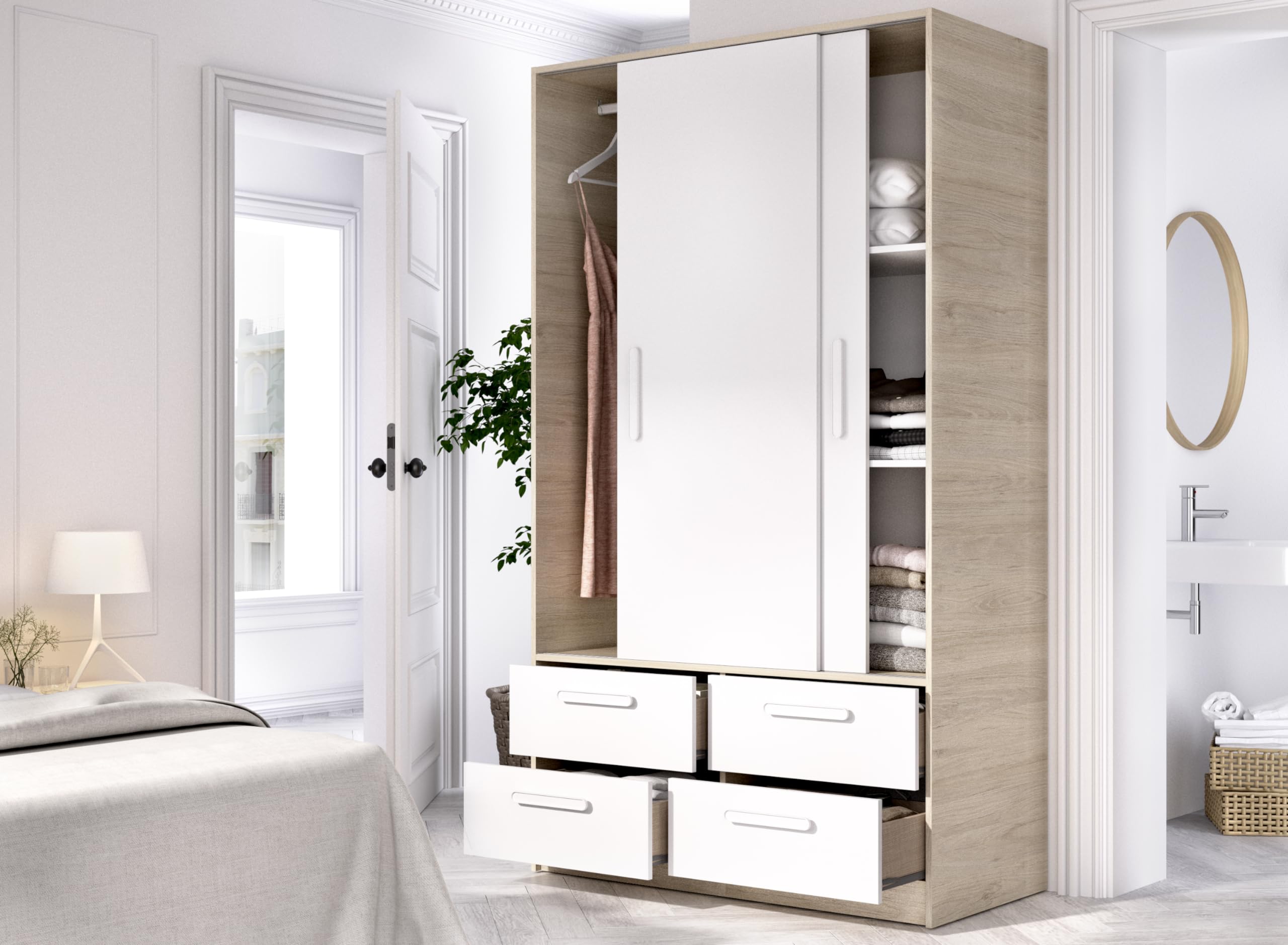 DEKIT GRUPO RIMOBEL SLIDE - Armario de dos puertas correderas y cuatro cajones - BLANCO / NATURAL - 204 x 120 x 160