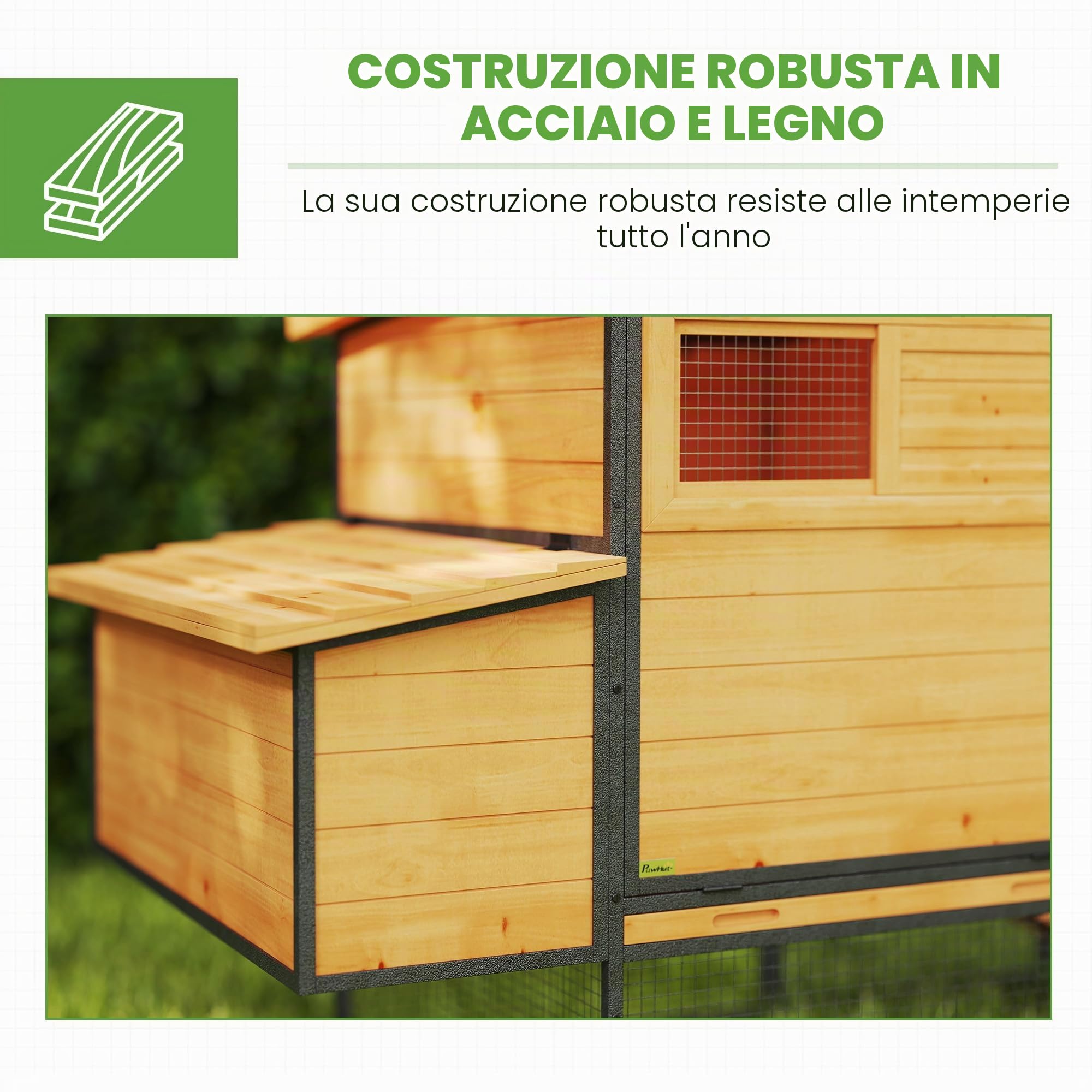 PawHut XXL Pollaio Legno 3-5 Galline Recinto 192x81,5x104cm Arancione | Acciaio, tetto apribile, nido, vassoio per rifiuti, riparo esterno per polli.