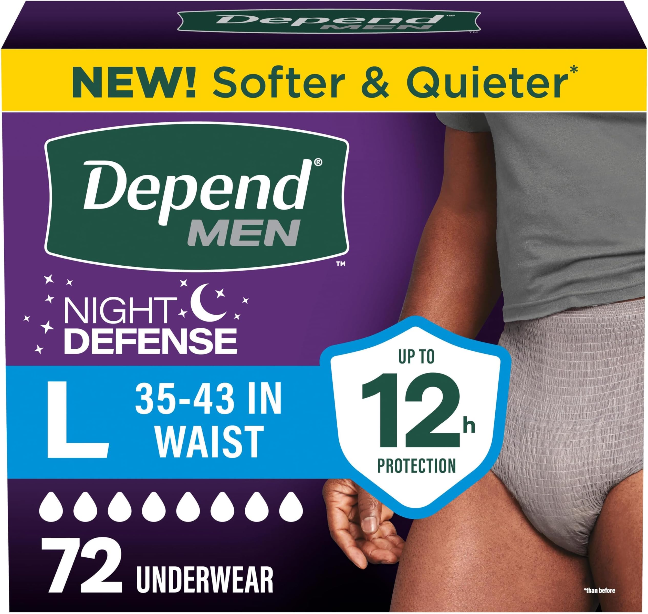 Night Defense Adult Diapers, Incontinence Underwear for Men, Disposable, Overnight, Large, Grey, 72 Count, Packaging May Vary