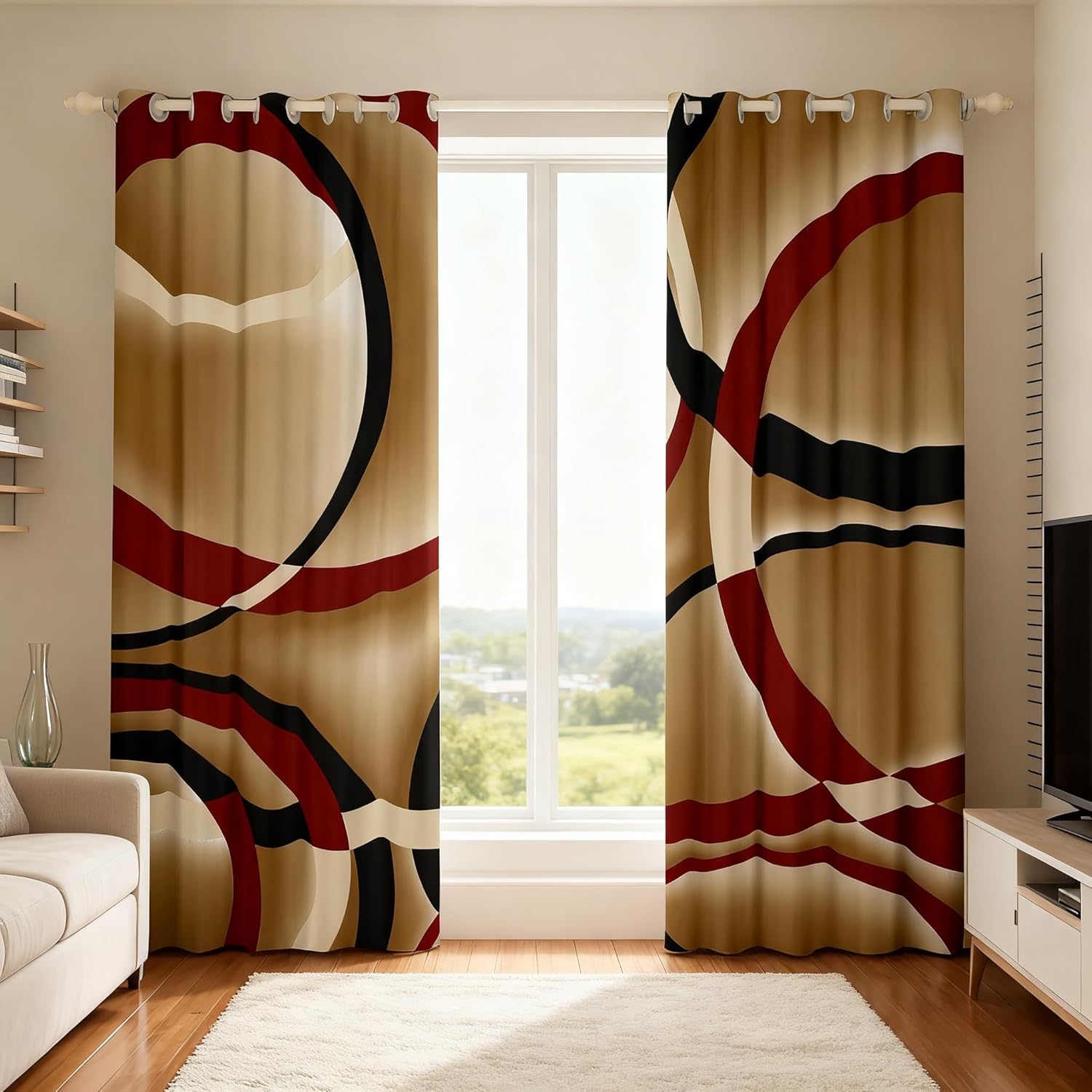 Retro Circle Curtains,Red Brown Black Window Curtains for Boys Girls Teens,Stripe Line Art Window Treatment Curtains Home Decor,Geometric Modern Window Drapes for Living Room Bedroom,52Wx96L