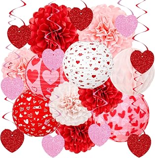 KAXIXI 21-Piece Valentines Day Decorations, Heart-Printed Paper Lanterns