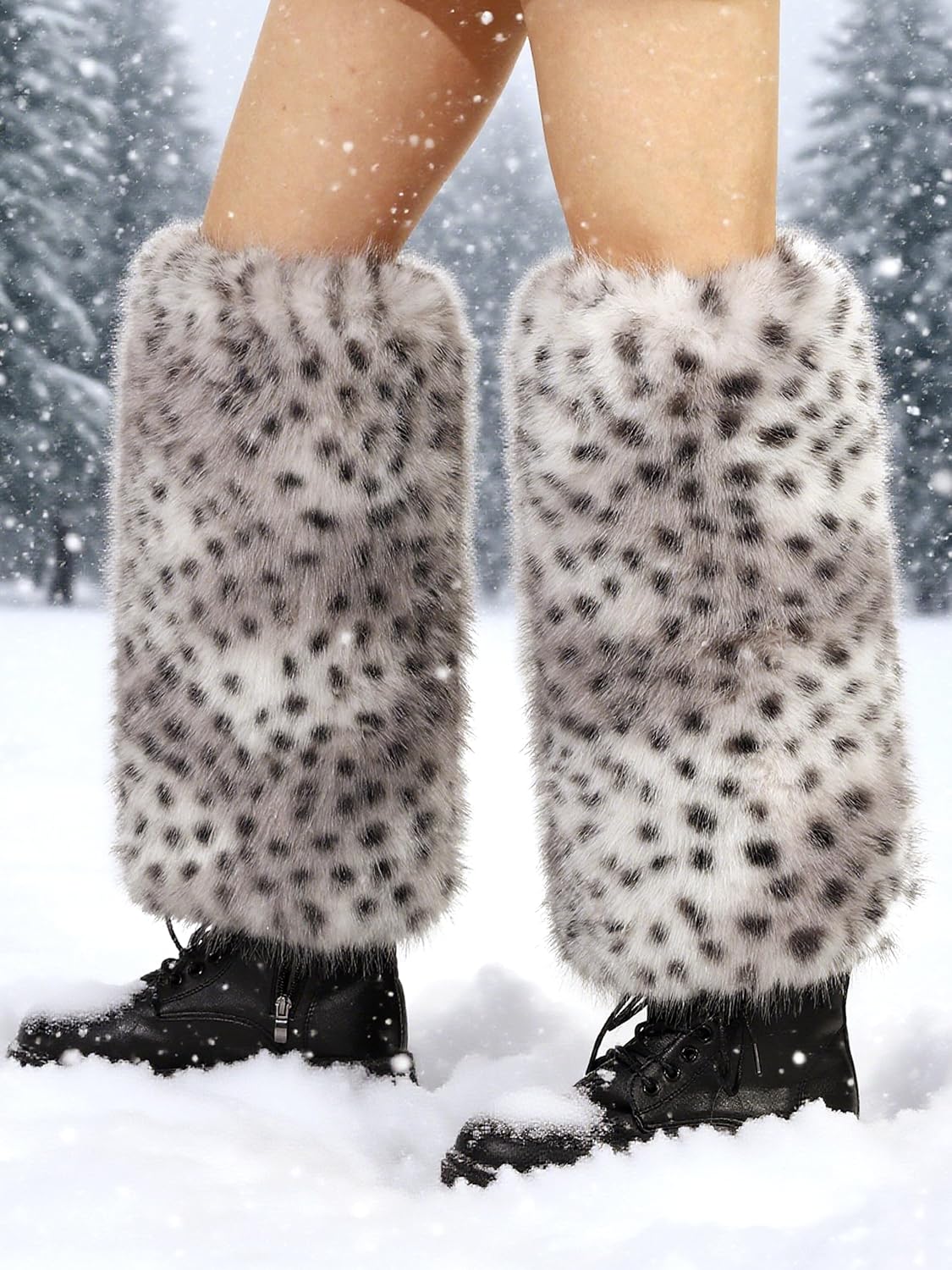 Womens Faux Fur Leg Warmers Winter Furry Fluffy Leopard Print Long Boots Cuffs Girls Party Foot Covers - Image 2