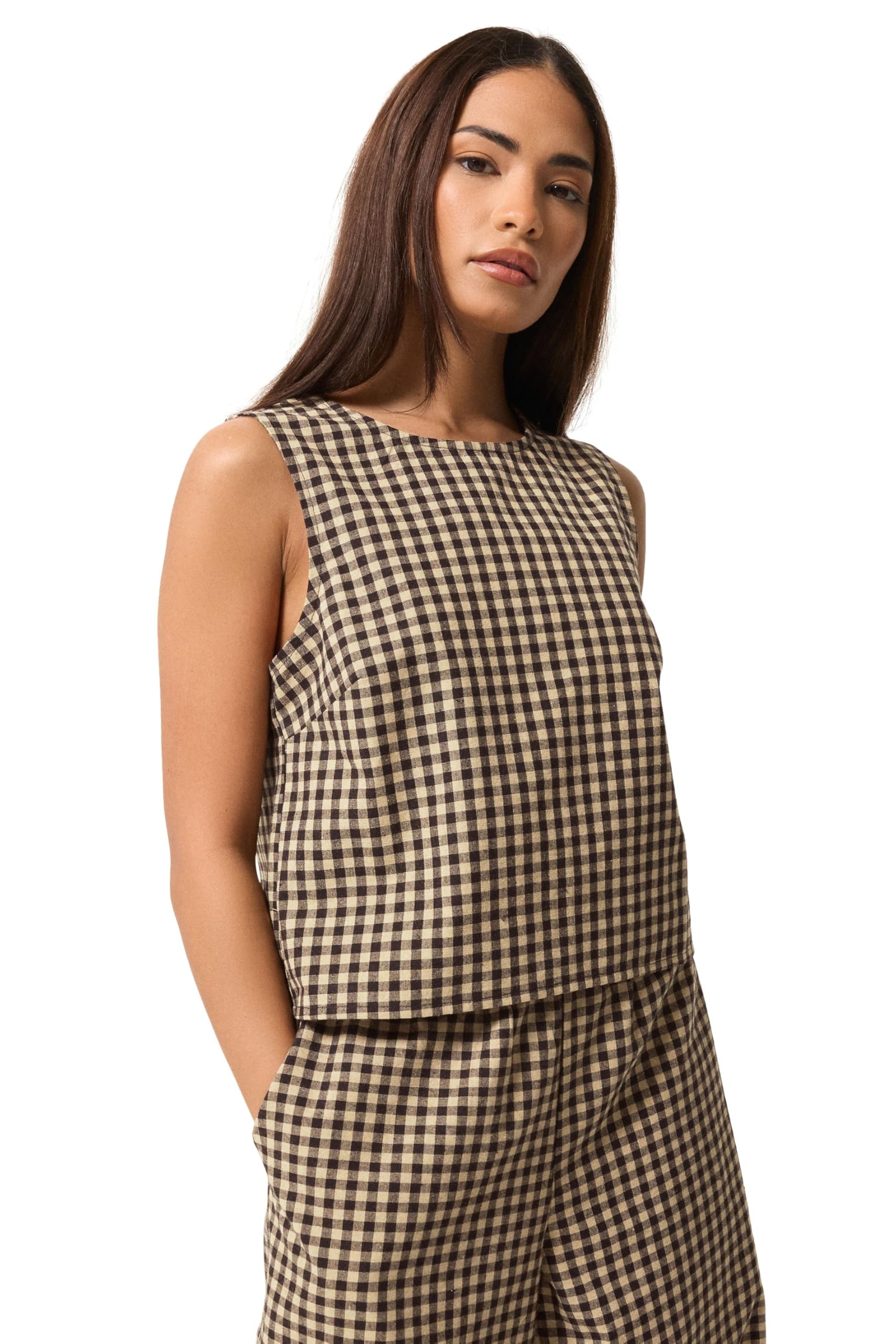 Pixiegirl Women's Brown Petite Gingham Top In | Size: 14