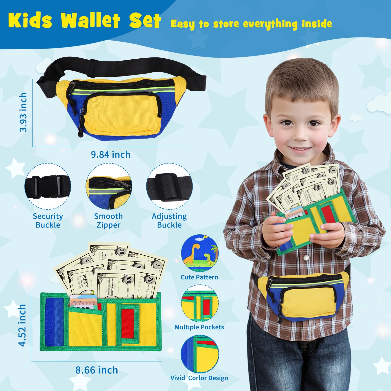 Spieltasche für kleine Jungen im Alter von 3-6 Jahren, Mein erstes Brieftasche-Spielzeug mit Taillentasche, Dinosaurier-Brieftasche, Smartphone, Smartwatch, Autoschlüssel und gefälschtes Geld