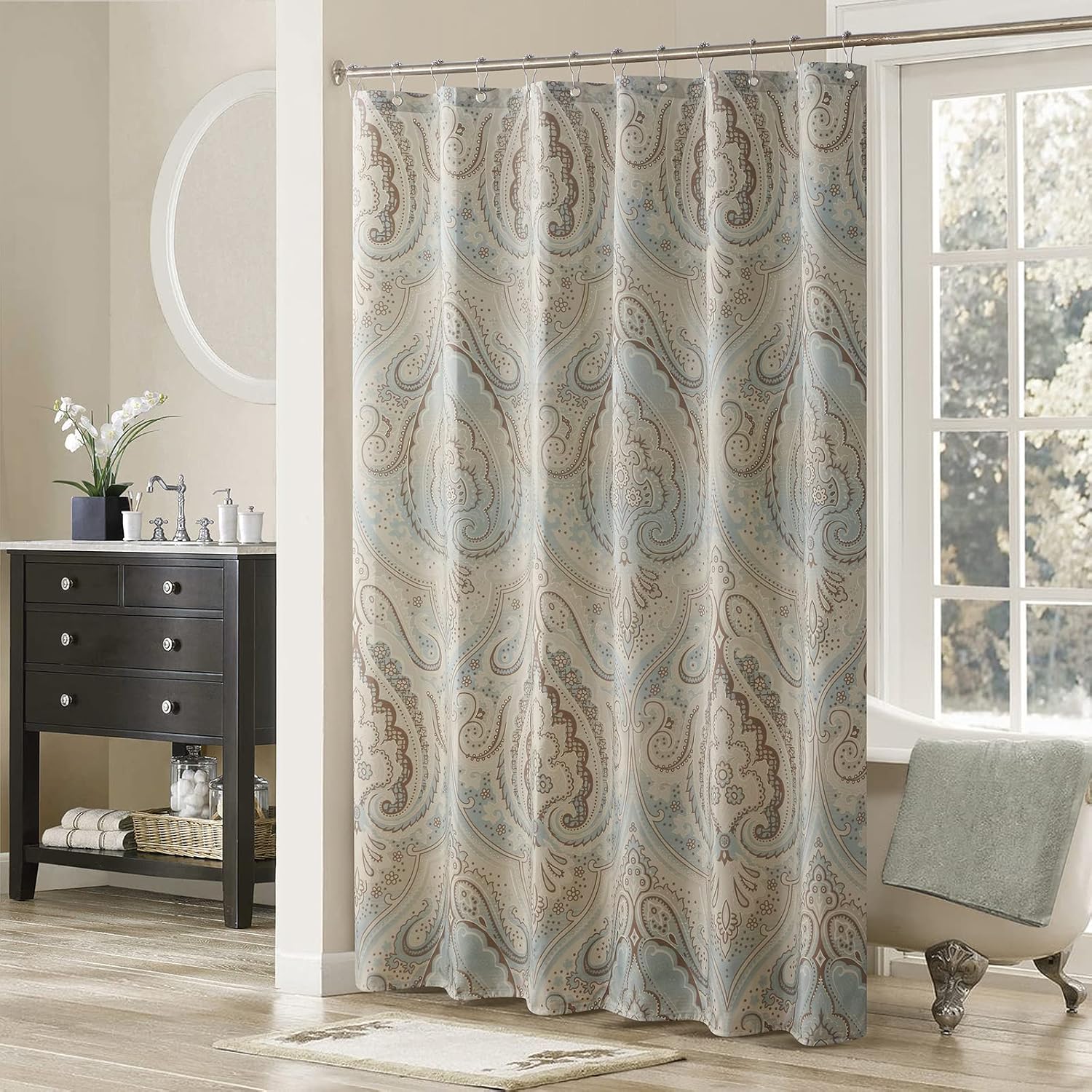 Sarita Taupe Paisley Polyester Fabric Damask Classic Farmhouse Cloth Brown Bath Shower Curtain,Vintage Khaki Waterproof Chic Bathroom Curtains,72" W x 72" L