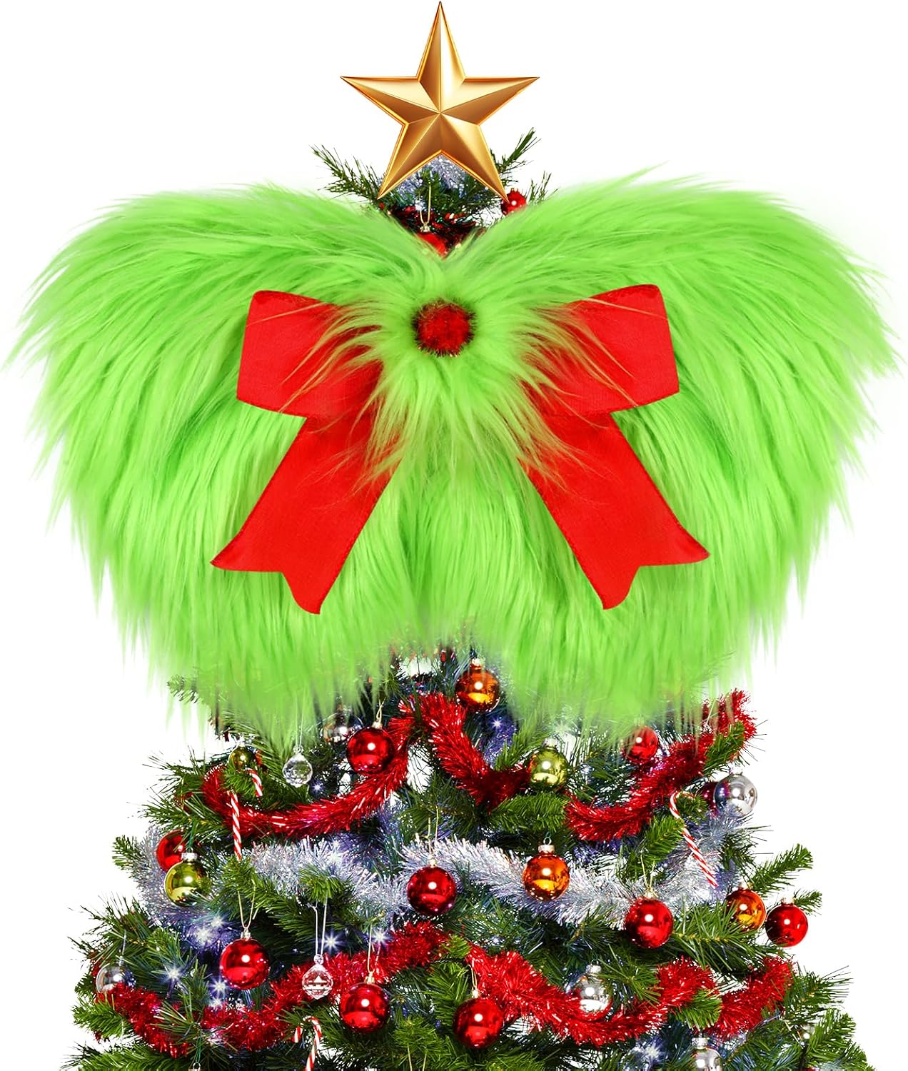 Christmas Bow, Christmas Tree Topper Bows, 18x14'' Large Fluffy Green Bow Christmas Decorations with Red Bows, Christmas Wreath Bows Hanging Ornaments for Holiday Front Door Wall Window Fireplace
