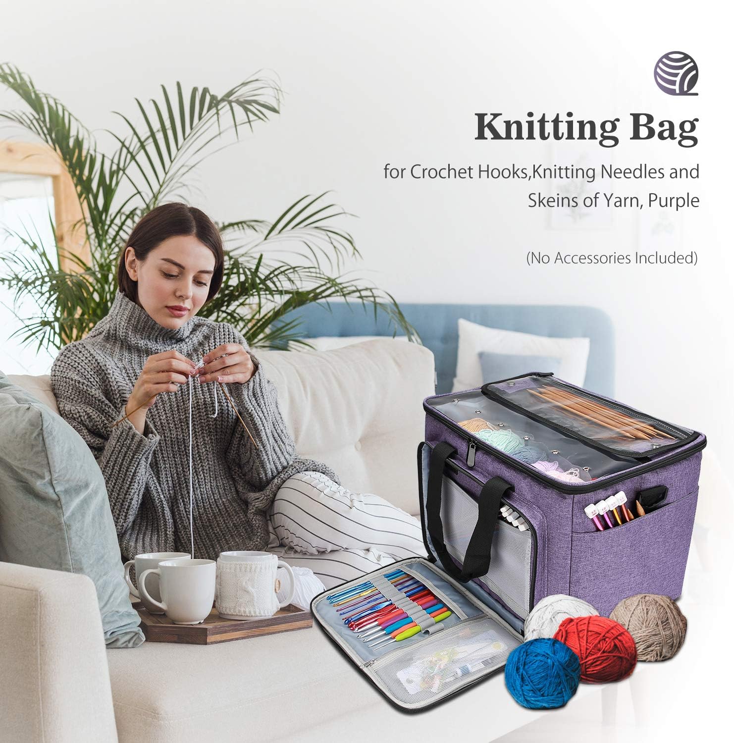 ProCase Knitting Bag, Open-Top Large Capacity Yarn Storage Organizer Tote Bag with Inner Divider for Crochet Hooks, Knitting Needles and Skeins of Yarn (No Accessories Included) -Purple