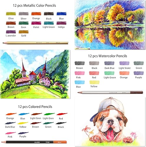 Miniatura 3 de Tioucd Kit de dibujo de 73 piezas, suministros de arte profesional, juego de dibujo con grafito, carbón, acuarela de colores, lápices metálicos,
