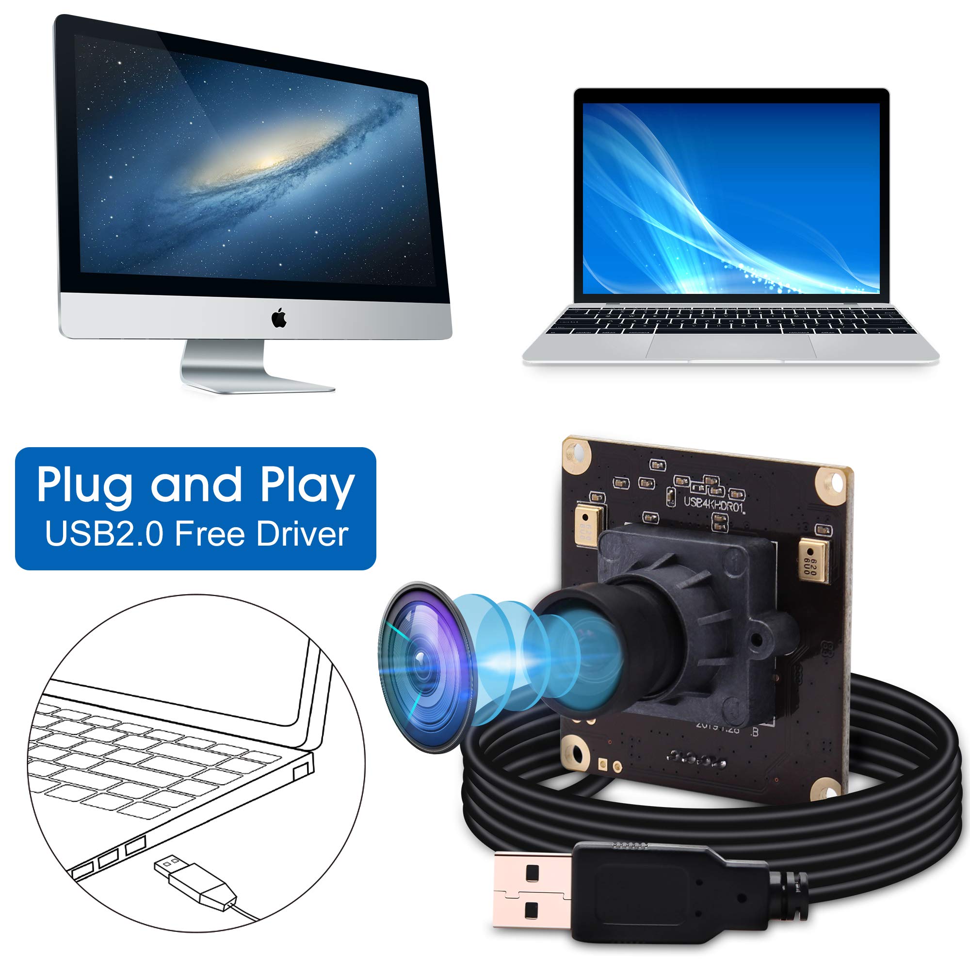 G Modulo fotocamera USB 4K, modulo webcam 2160p, modulo grandangolare UHD 30 fps, 100 gradi, senza distorsioni USB con fotocamera, video desktop, computer, scheda di memoria per Windows, Android, Mac,