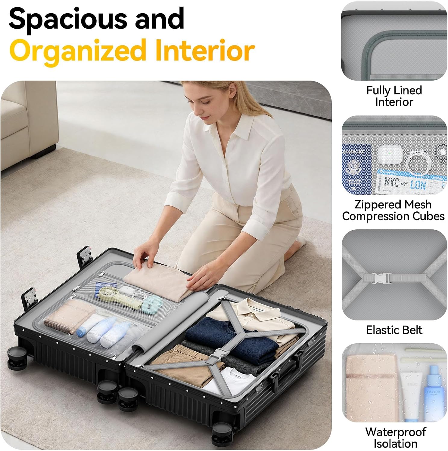 Carry On Luggage with Front Pocket,Zipperless Suitcase, Black, 20 in | Airline Approved, Aluminum Frame, TSA Lock, Hardside, 360°Spinner Wheels, Charger Port, Cup and Phone Holder, Side Hook, PC