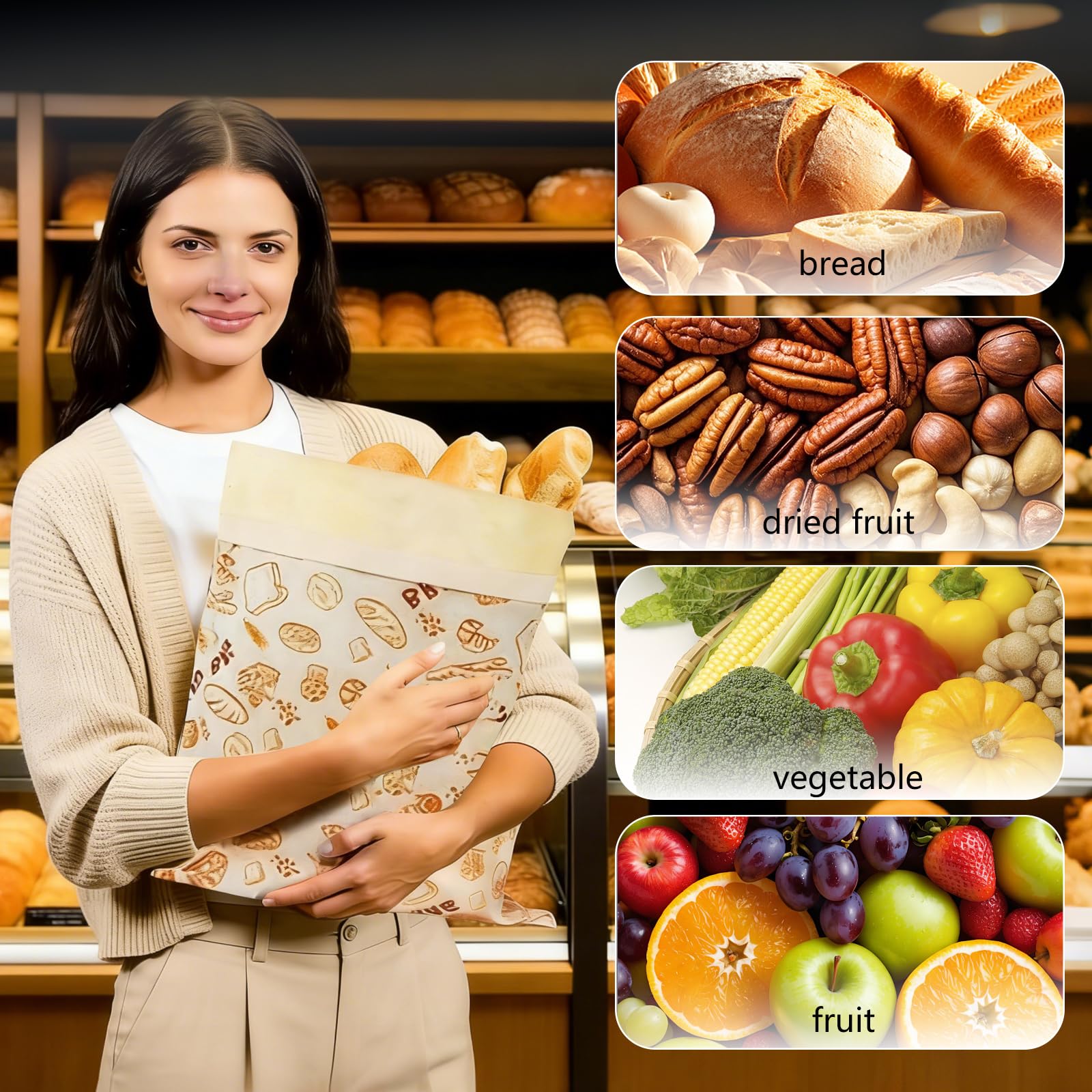 Set di 2 Sacchetti per Pane in Cera d'Api (42x33cm), Sacchetto Porta Pane in Cotone con Chiusura a Fibbia, Contenitore Riutilizzabile per Conservazione Pane a Lievito Madre, 2 Fantasie