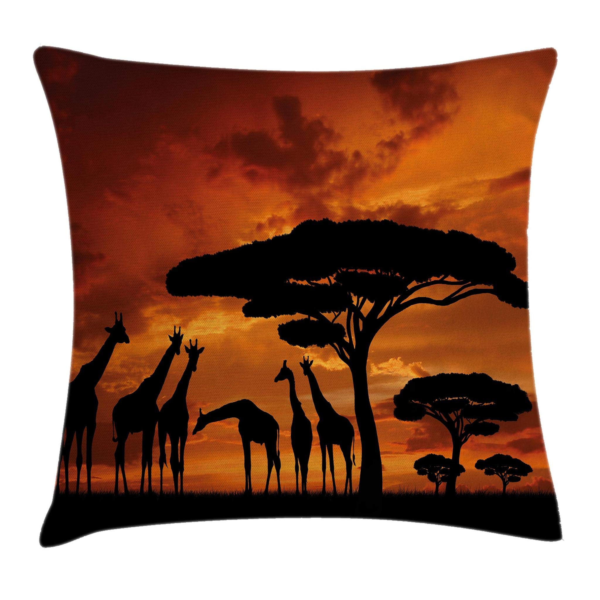 Ambesonne Africa Throw Pillow Cushion Cover, Savannah Animal with Giraffe Crew with Majestic Tree at Sunrise in Kenya, Decorative Square Accent Pillow Case, 16" X 16", Orange Black