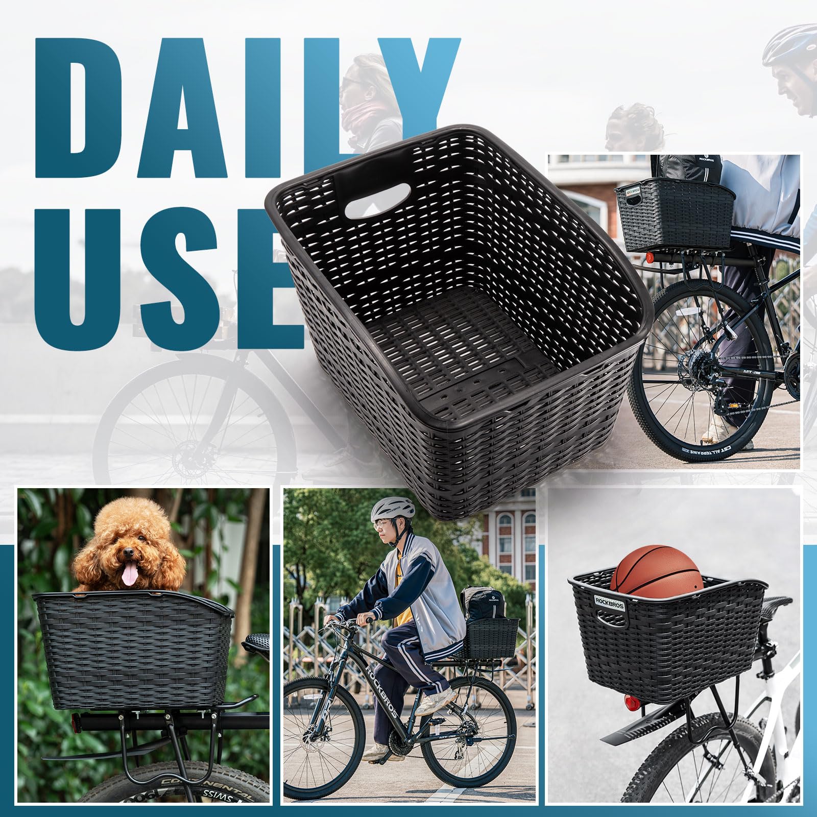 ROCKBROS Cestino Bicicletta Posteriore, Grande Capacità, Robusto e Durevole, con Coperchio Espandibile, per Maggior Parte dei Portapacchi, Cestino Bici per Cani, Verdure, Borse
