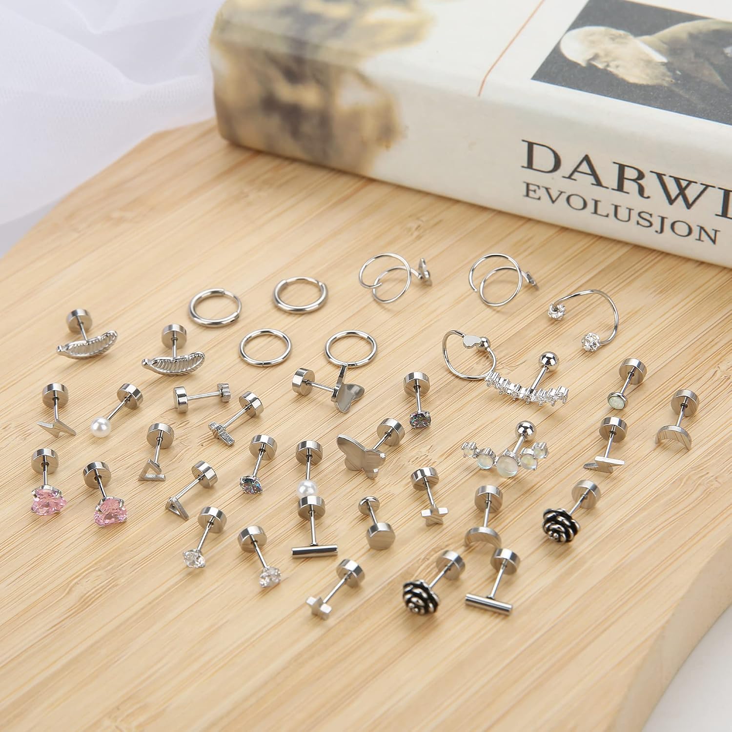 Staligue 21 Pairs Surgical Steel Flat Back Earrings Set for Women Men Hypoallergenic 20G Stainless Steel Stud and Hoops Earrings for Sensitive Ears Small Cz Heart Star Moon Opal Cartilage Earrings