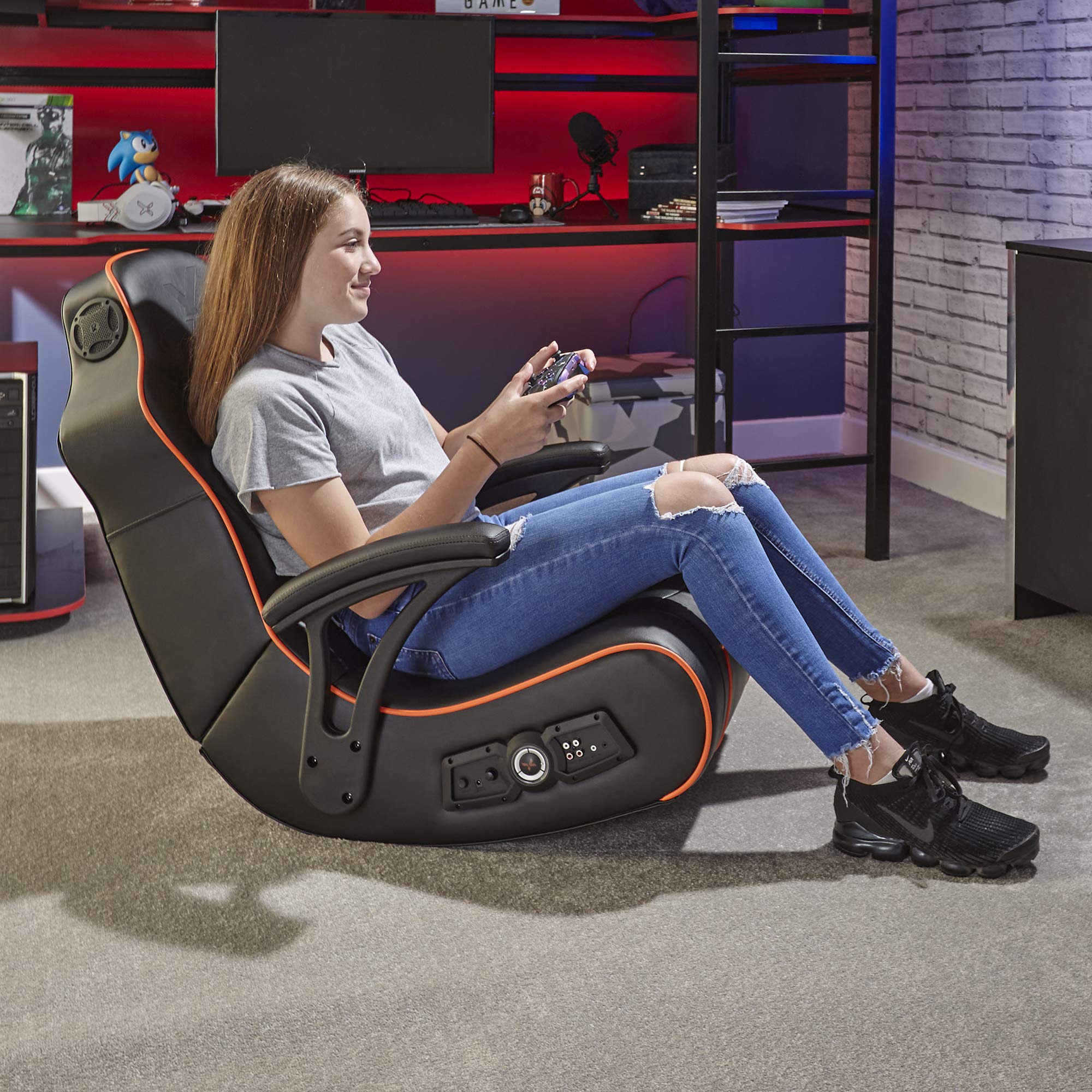 X Rocker G-Force Sport 2.1 Fauteuil de Gaming | Floor Rocker | Chaise de Jeu avec système Audio 2.1 | Noir/Orange