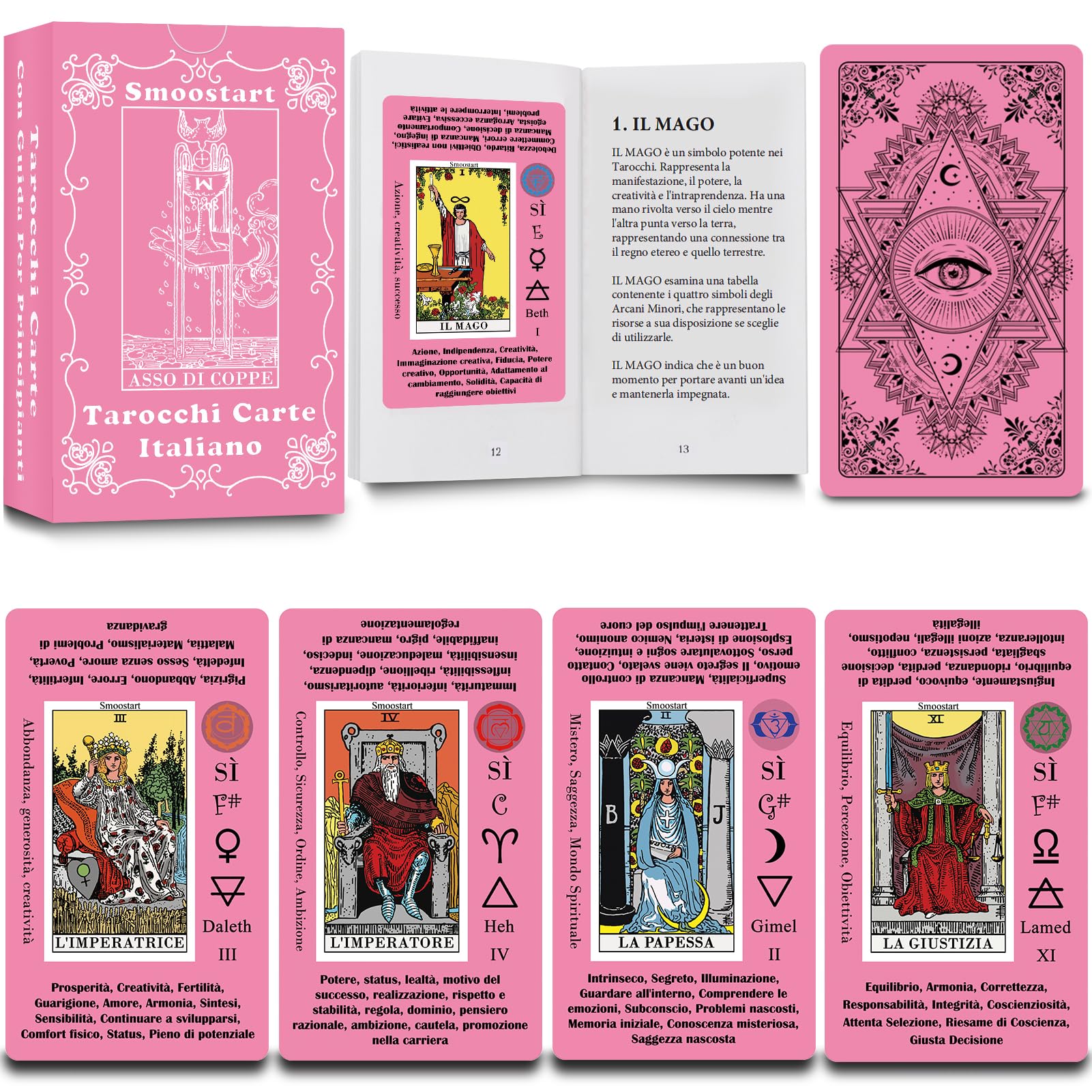 Smoostart Italian Pink Tarot Cards with Meanings, Tarot Cards Deck with Guidebook for Beginners Keywords, Element, Planet
