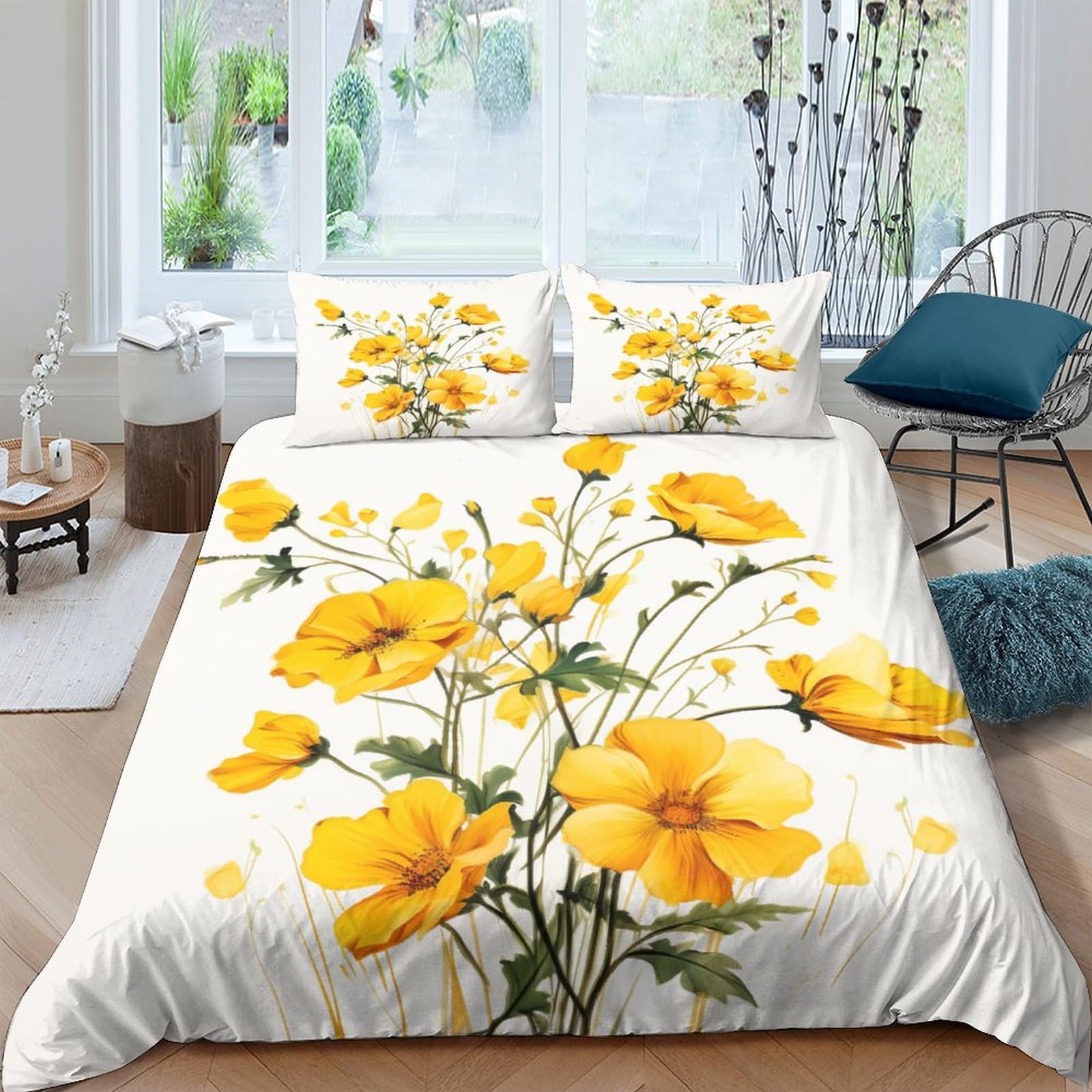Housse de couette imprimée 3D fleurs jaunes pour illuminer une chambre double