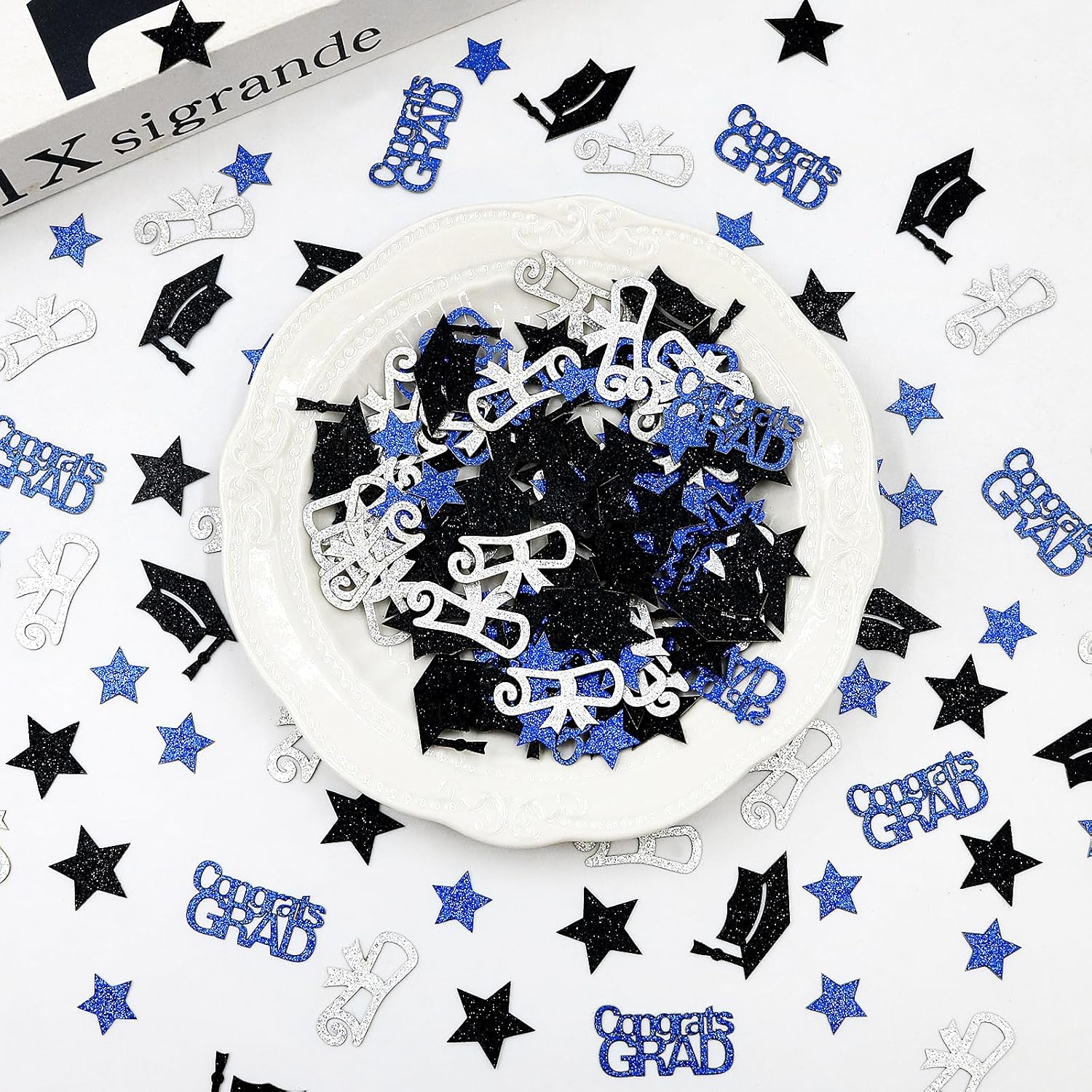 200PCS Glitter Graduation Confetti Class of 2026, Black and Blue Graduation Decorations, Grad Cap Star Congrats Grad Diploma Table Scatter for Grad Party Decorations 2026.
