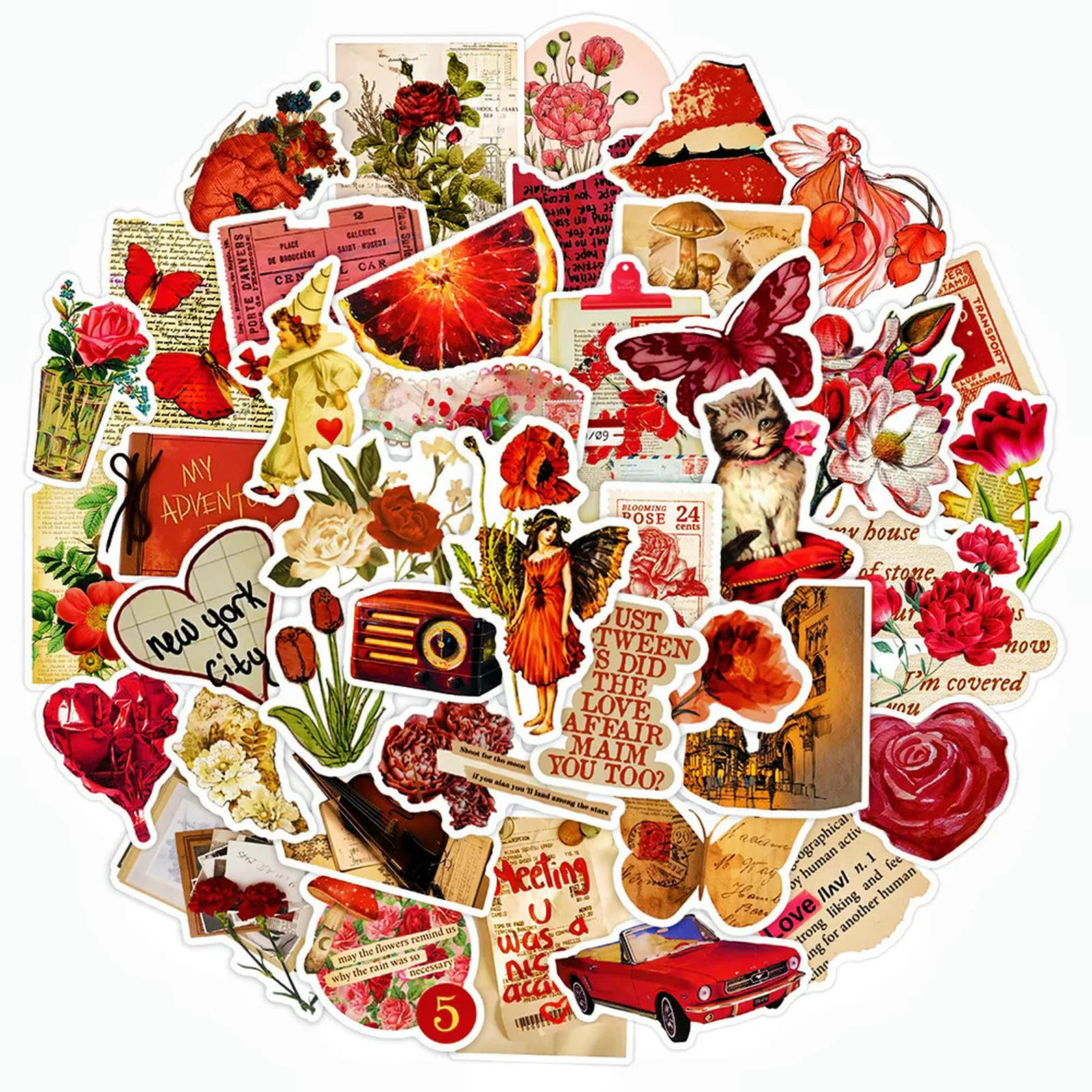 TVIVID 50Pcs Red Vintage Aesthetic Stickers for Scrapbooks,Cute Vinyl Stickers for Water Bottles Skateboard Notebooks Phone Kindle