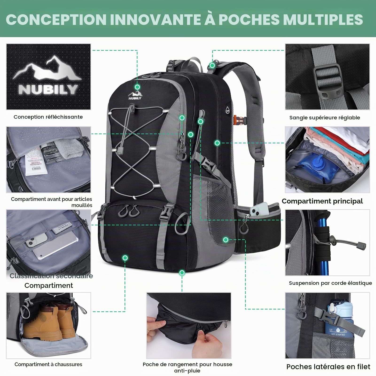 NUBILY Sac à Dos de Randonnée Homme Femme Imperméable 50L Sac de Jour Élégant Outdoor Camping Sac à Dos Voyage Léger Noir