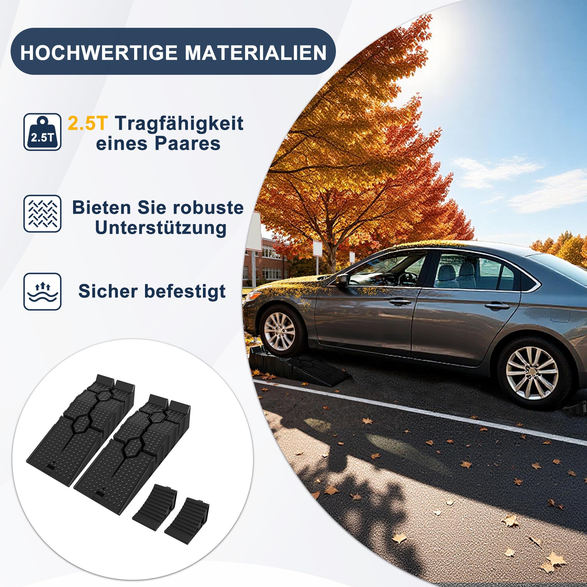 Aufun Auffahrrampe PKW 2er Set, Einzelne Rampe bis 2,5 T, Hochbelastbare Auto Rampe rutschfest für Wohnmobil, Anhänger, Garage, Werkstatt, Ölwechsel und Reparatur, Mit 2pcs Schwarz Unterlegkeil