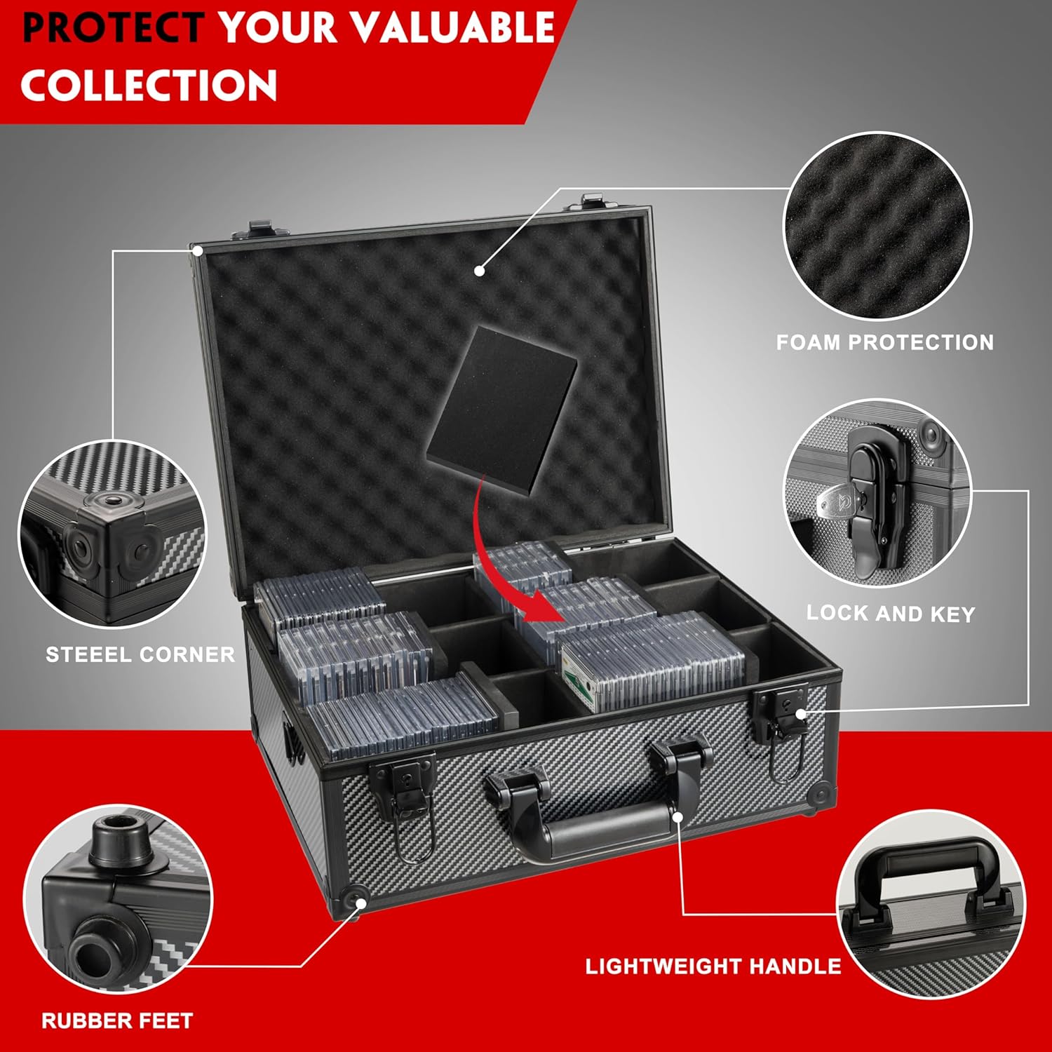 Graded Card Storage Box, Trading Cards Slab Carrying Case, 6 Row Hard Sports Cards Holder Boxes with 6 Dividers Fits for PSA BGS SGC Top Loaders Collection